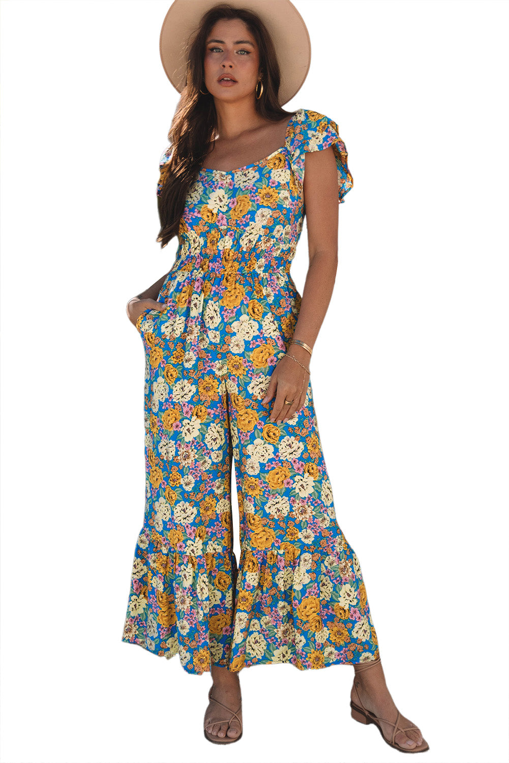 Yellow Floral Shirred Cut Out High Waist Jumpsuit