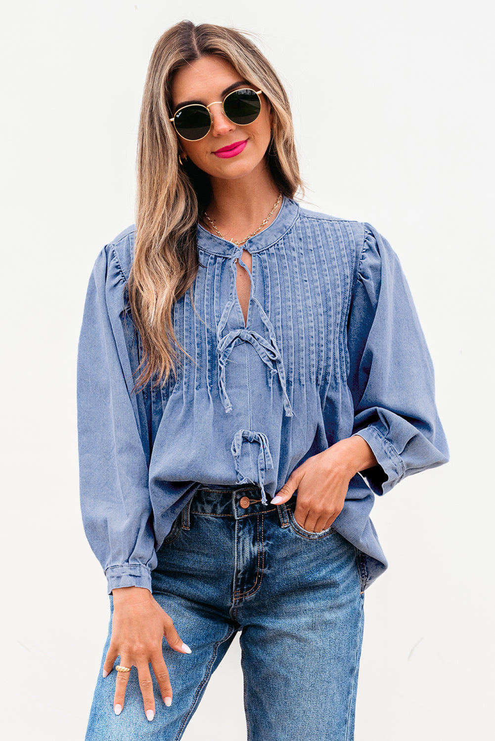 Denim Front Pintuck Bow Tie Puff Top