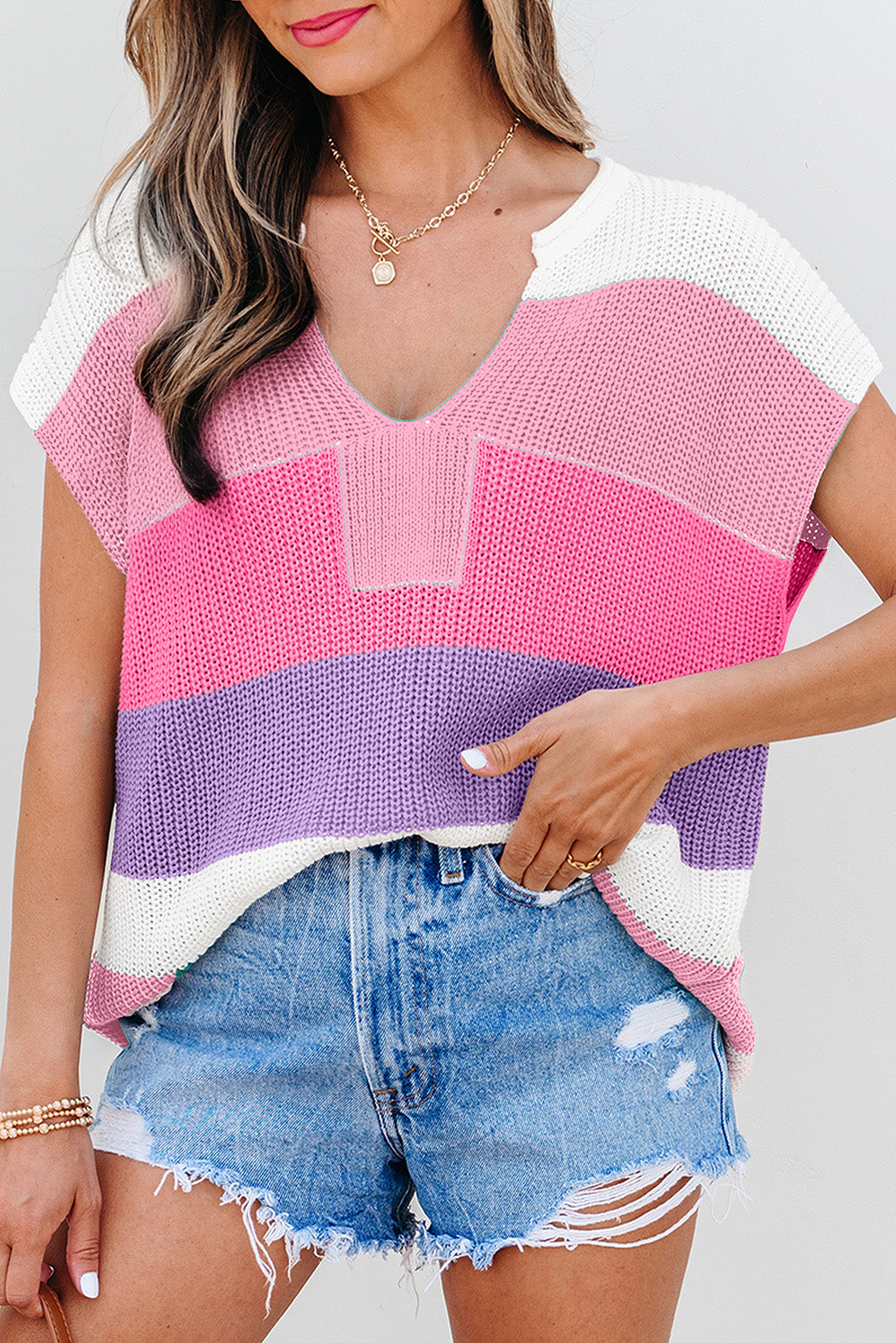 Pink Color Block V Neck Sweater T Shirt