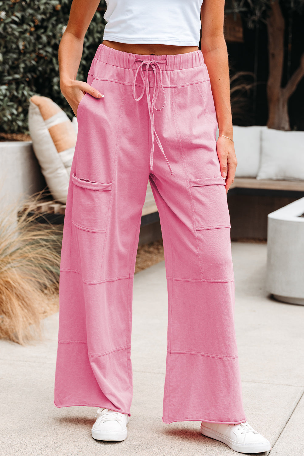 Mineral Wash Drawstring High Waist Wide Leg Cargo Pants