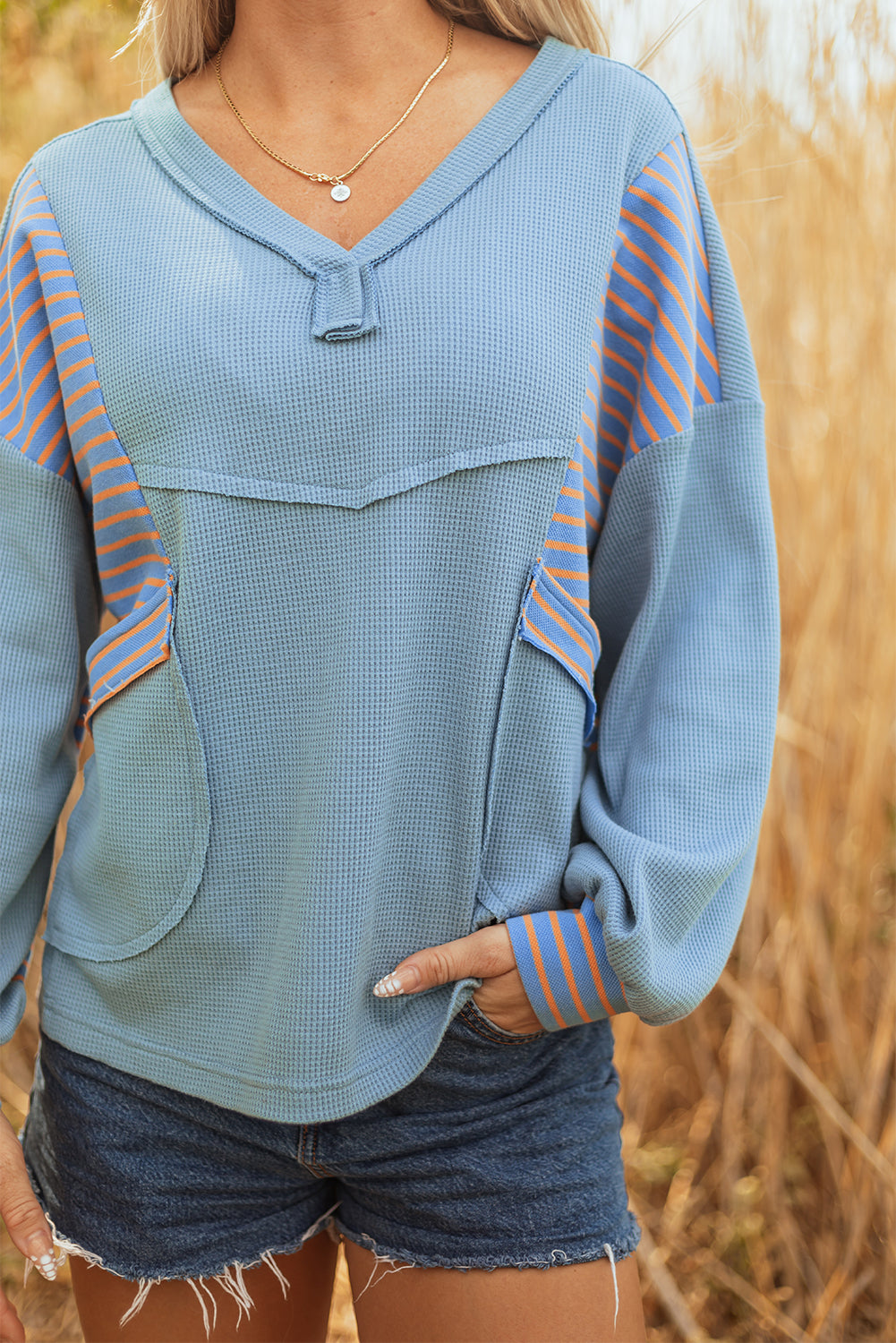 Dusk Blue Waffle Striped Patchwork Pullover