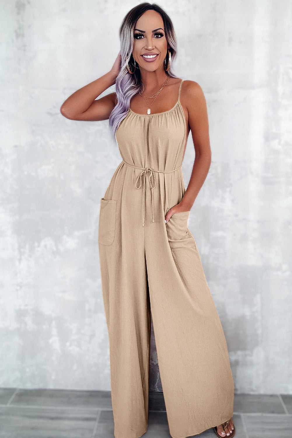 Apricot Wide Leg Jumpsuit with Pockets