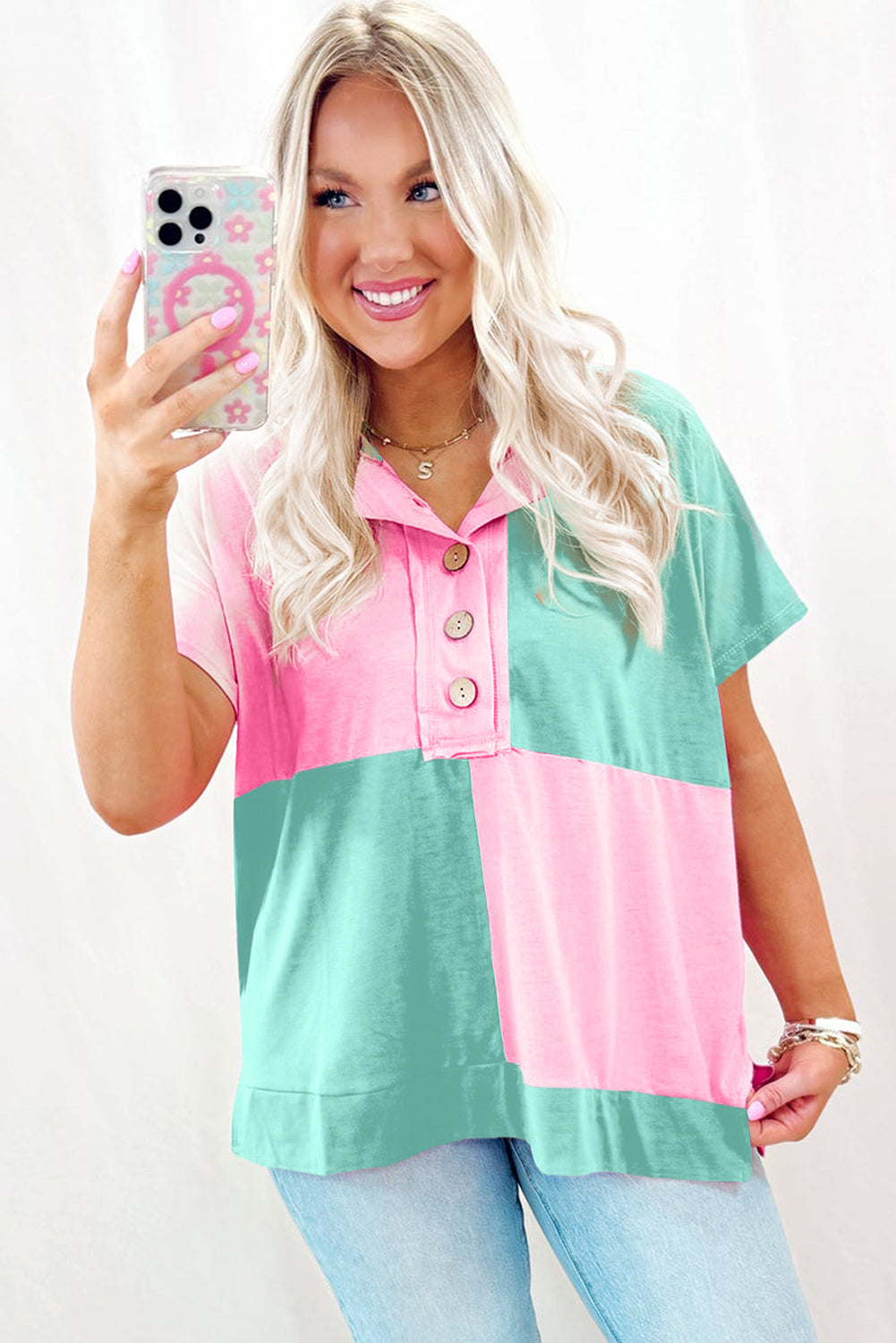 Color Blocked Half Button Collared T Shirt