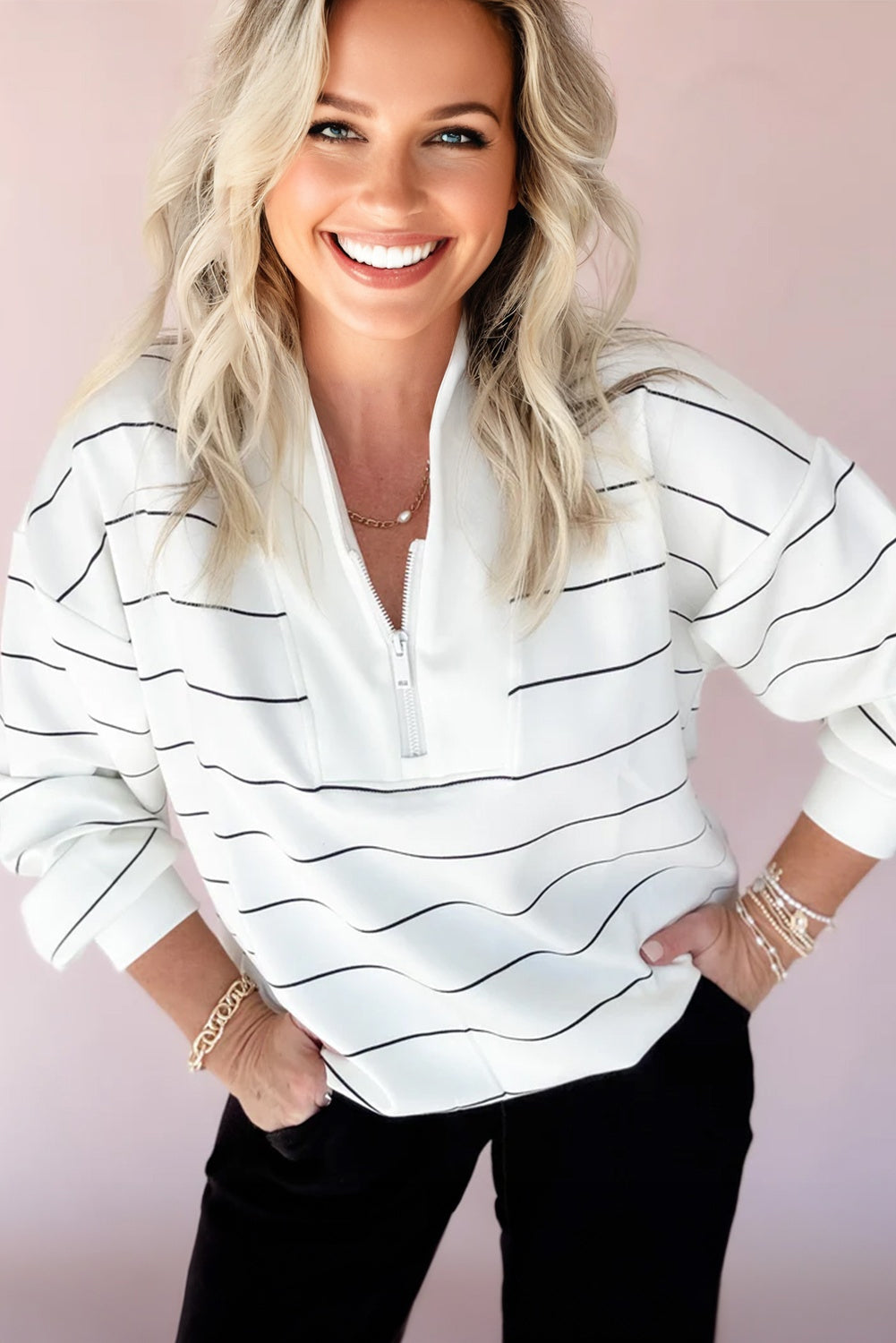 White Quarter Zip Casual Stripe Print Top