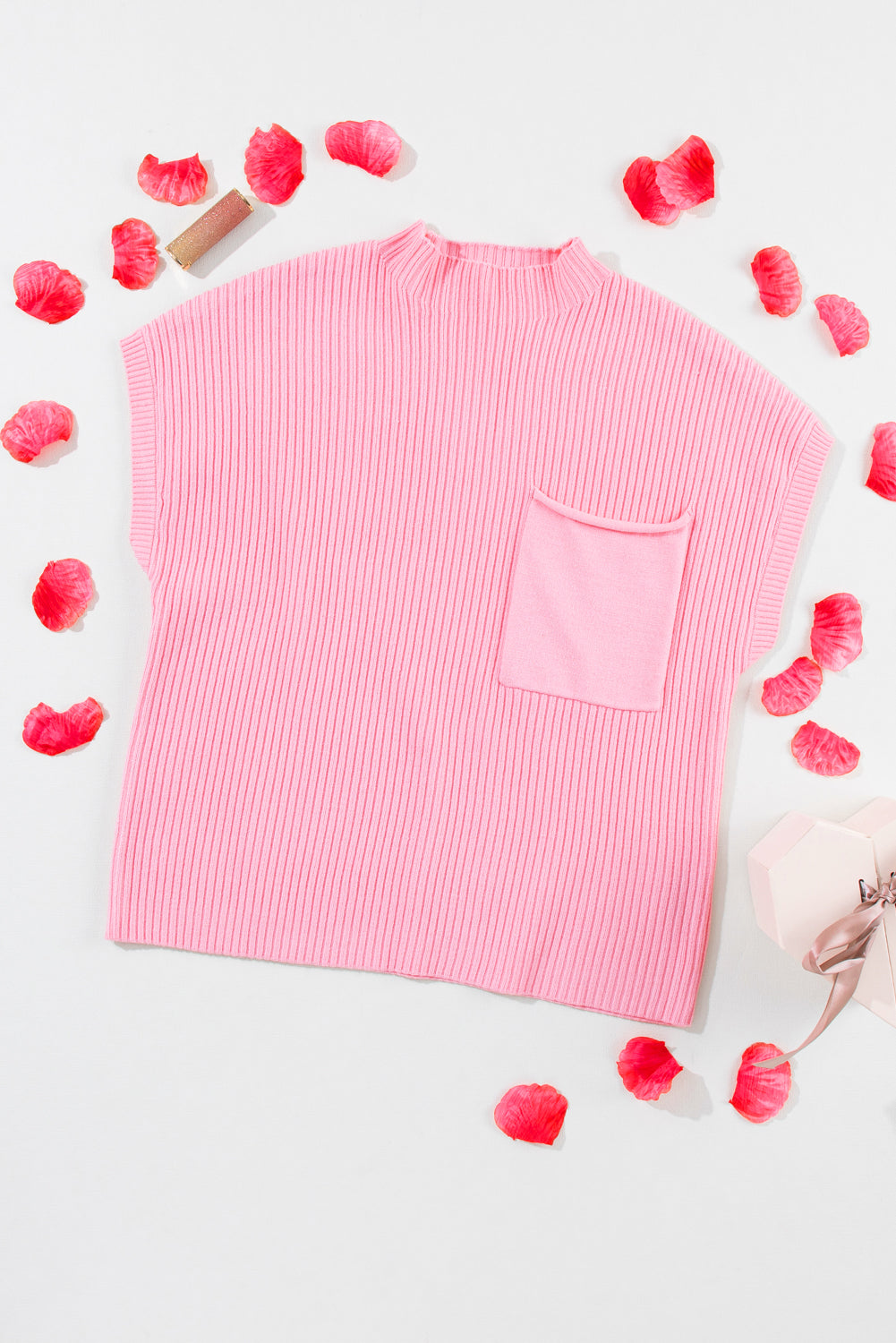 Pink Ribbed Knit Short Sleeve Sweater