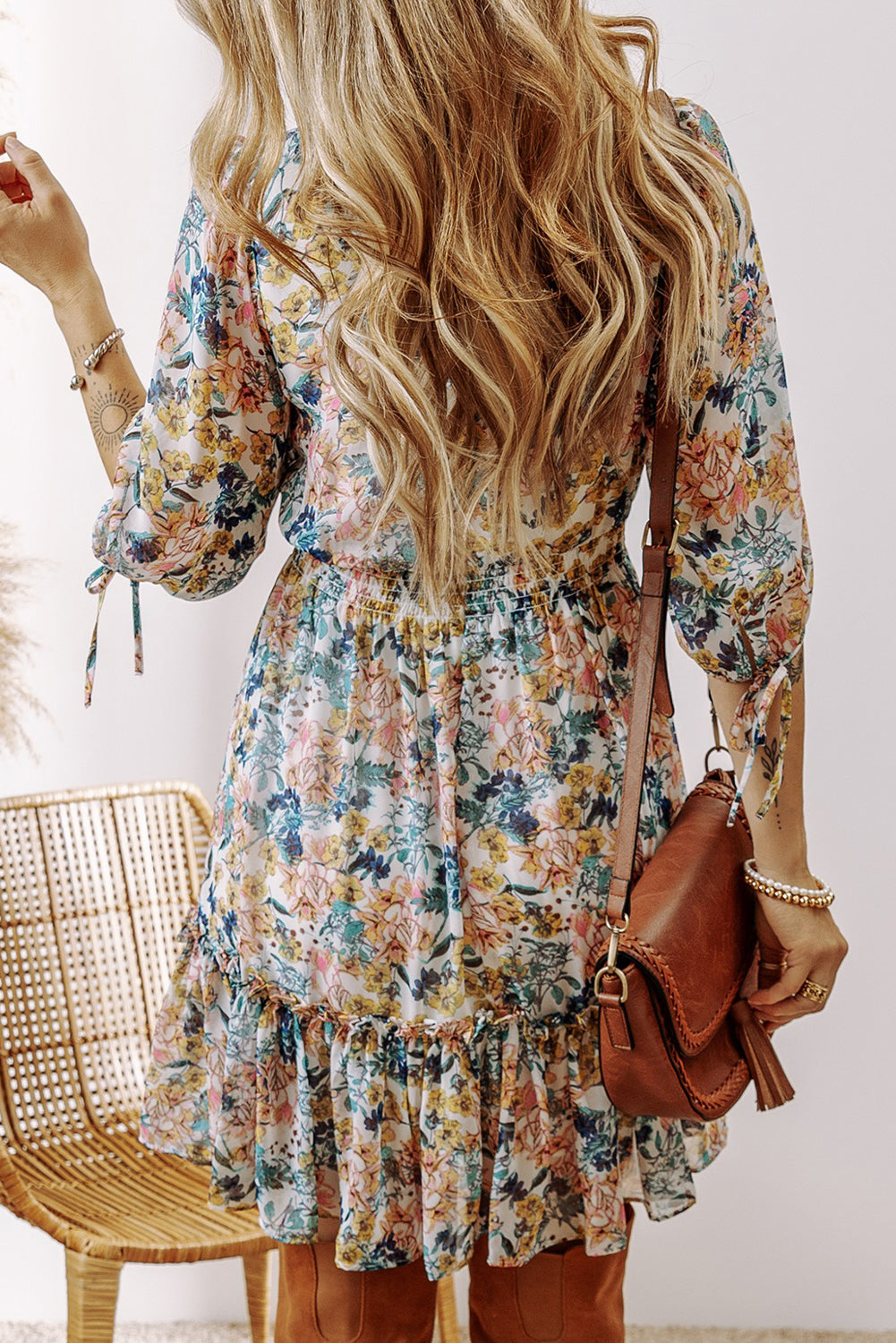 Sky Blue Floral V Neck High Waist Ruffled Dress