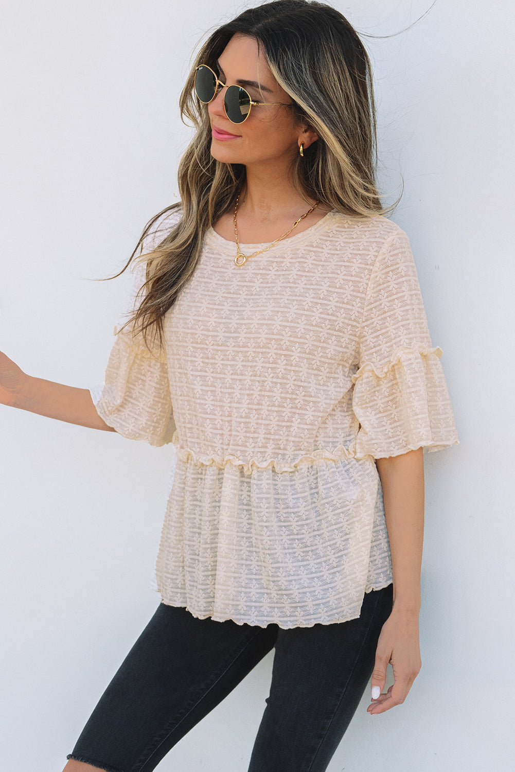 Solid Color Textured Ruffled Short Sleeve Blouse