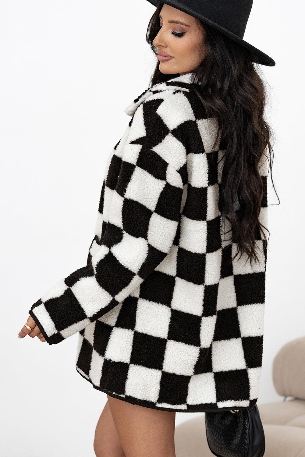 Black Checkered Buttoned Fleece Jacket