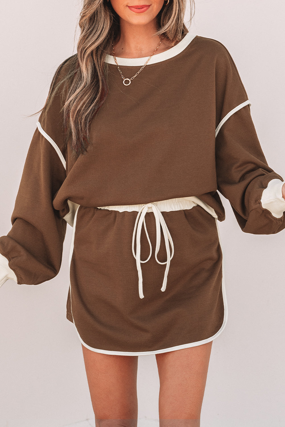 Coffee Loose Pullover and Lace-up Waist Skort Set
