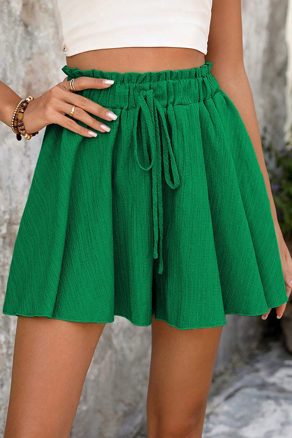 Textured Frilled Lace-up High Waist Ruffle Wide Leg Shorts