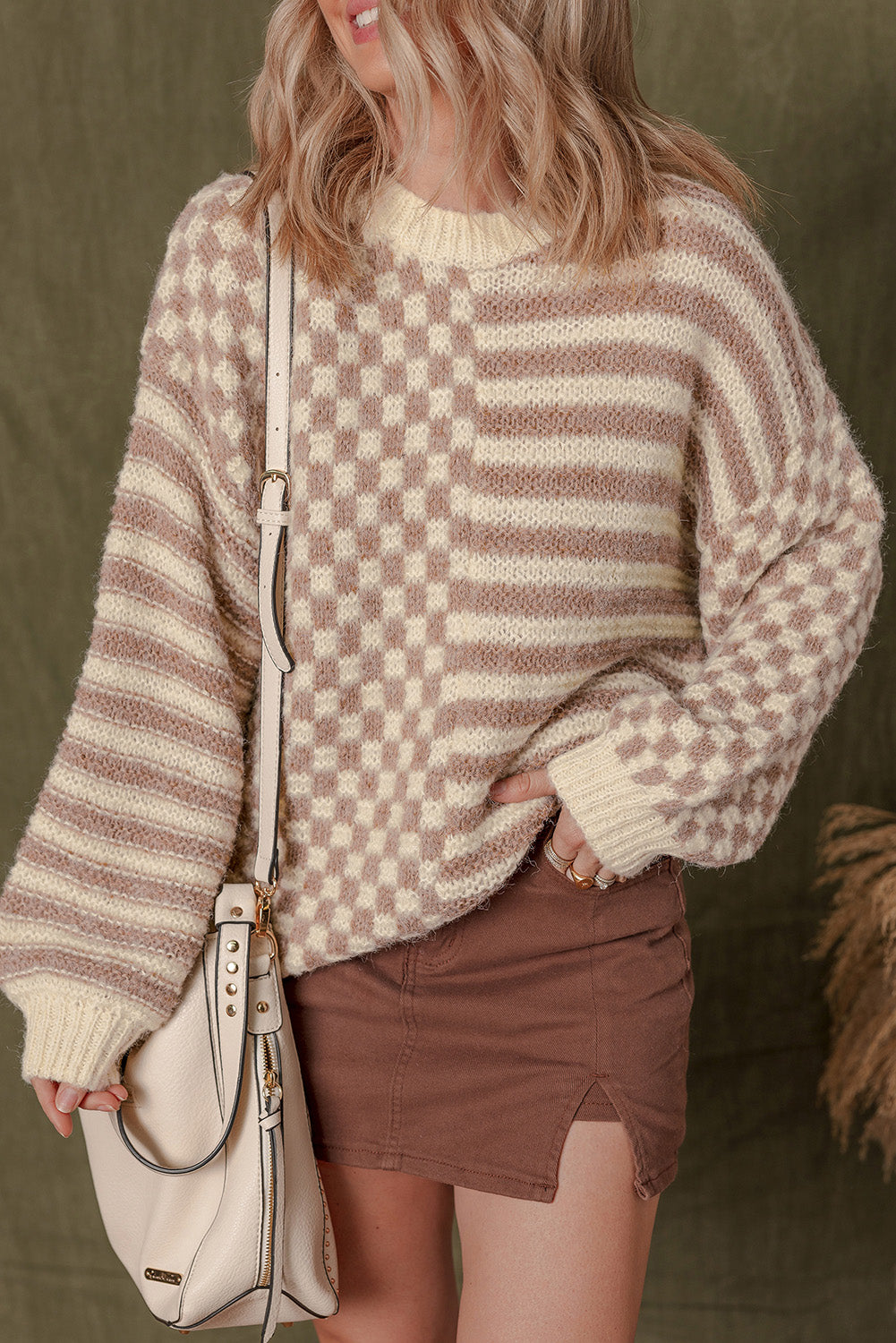 Khaki Checkerboard Balloon Sleeve Sweater