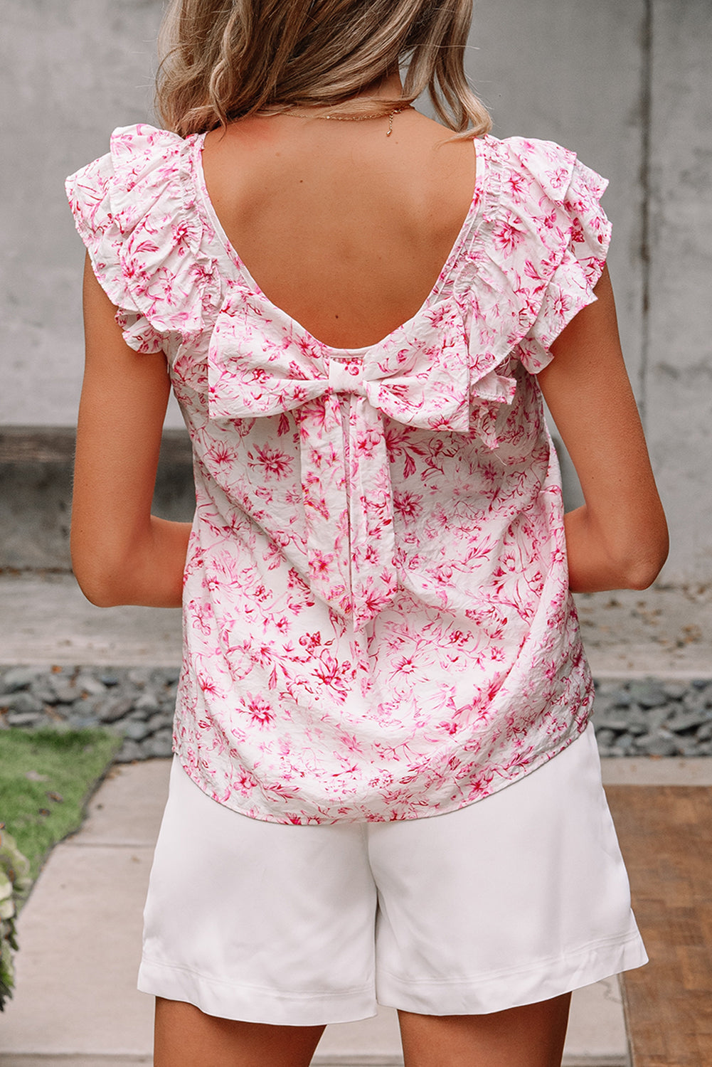 Pink Floral Ruffled Sleeve Bow Blouse