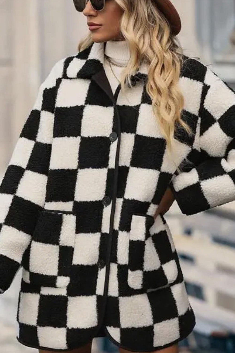 Black Checkered Buttoned Fleece Jacket