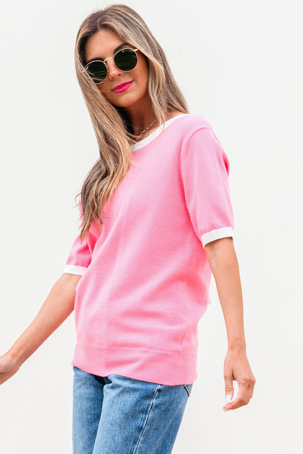 Colorblock Bow V-Shape Cut Short Sleeve Sweater