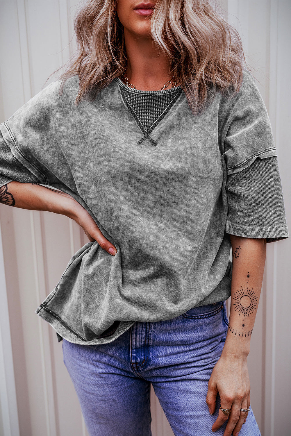Gray Mineral Wash Drop Shoulder Oversized Tee