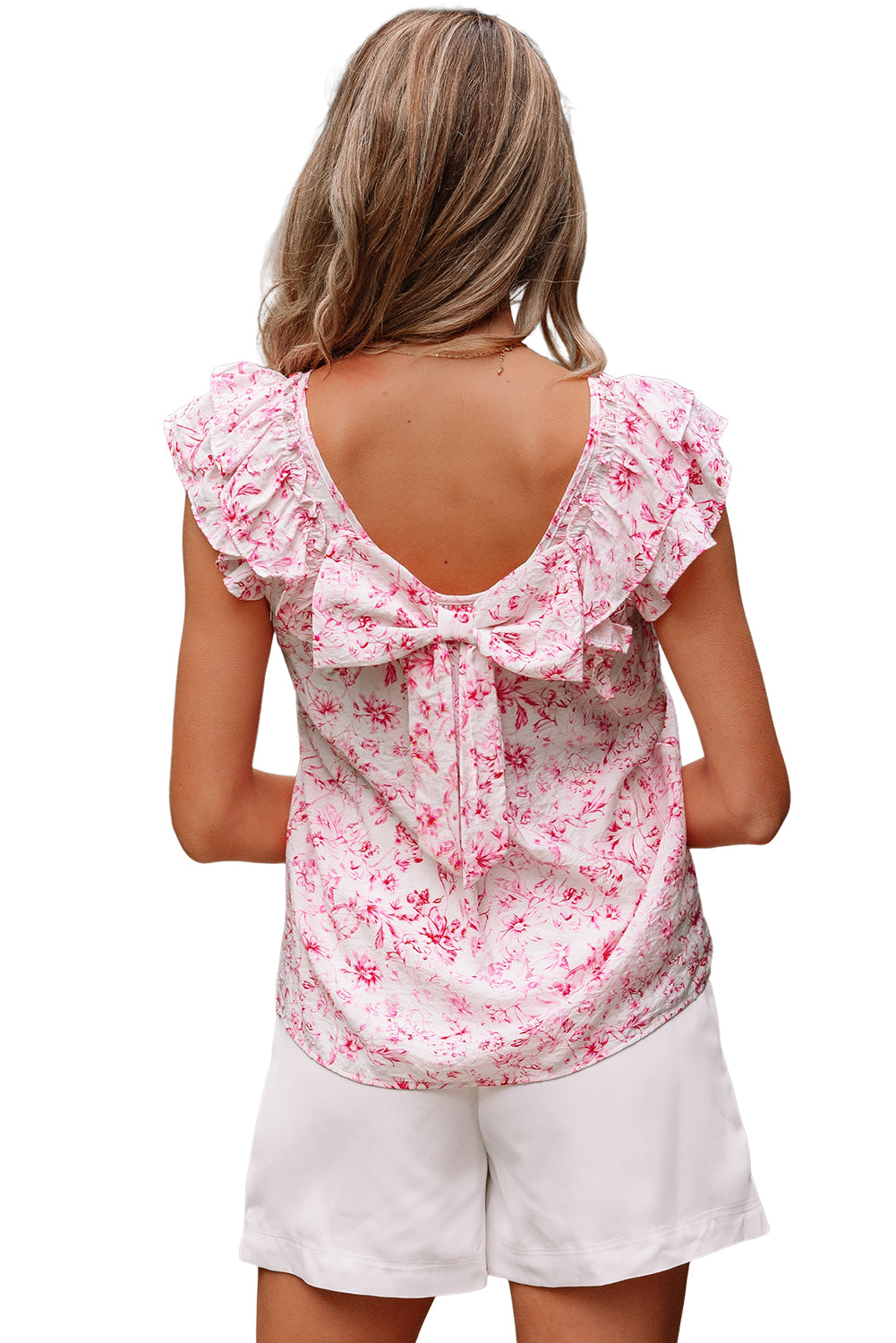 Pink Floral Ruffled Sleeve Bow Blouse