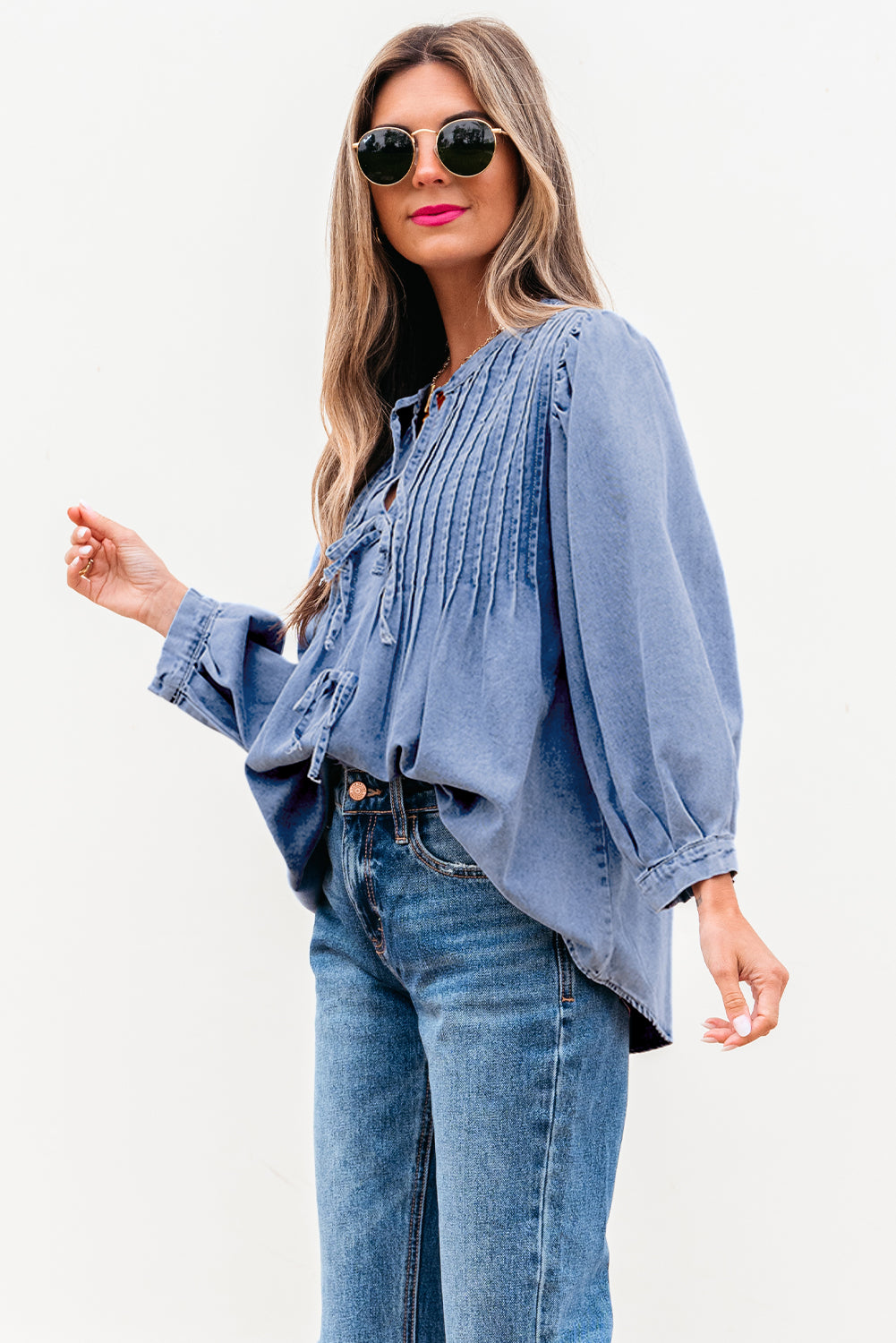 Denim Front Pintuck Bow Tie Puff Top