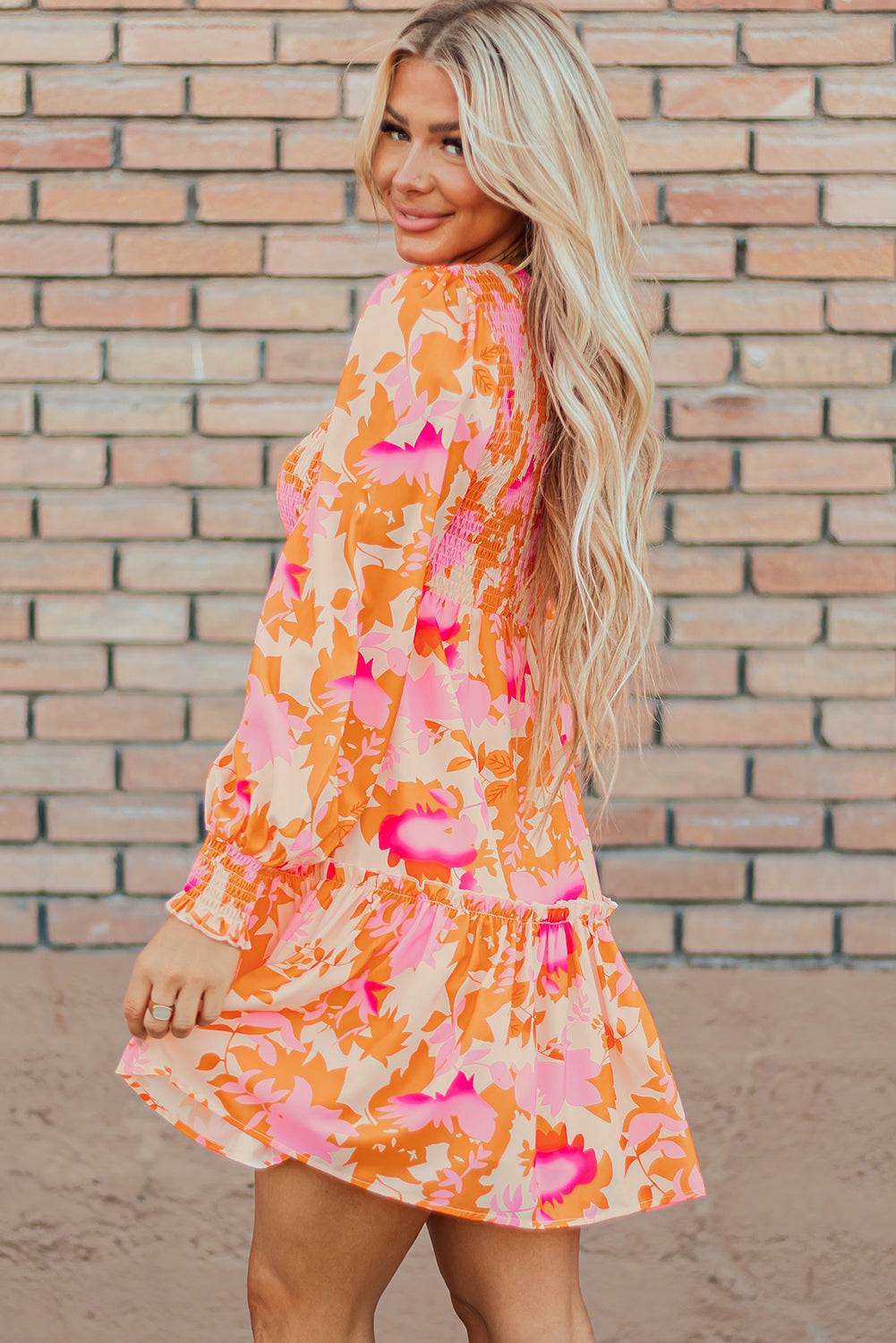 Orange Abstract Print Smocked Mini Dress