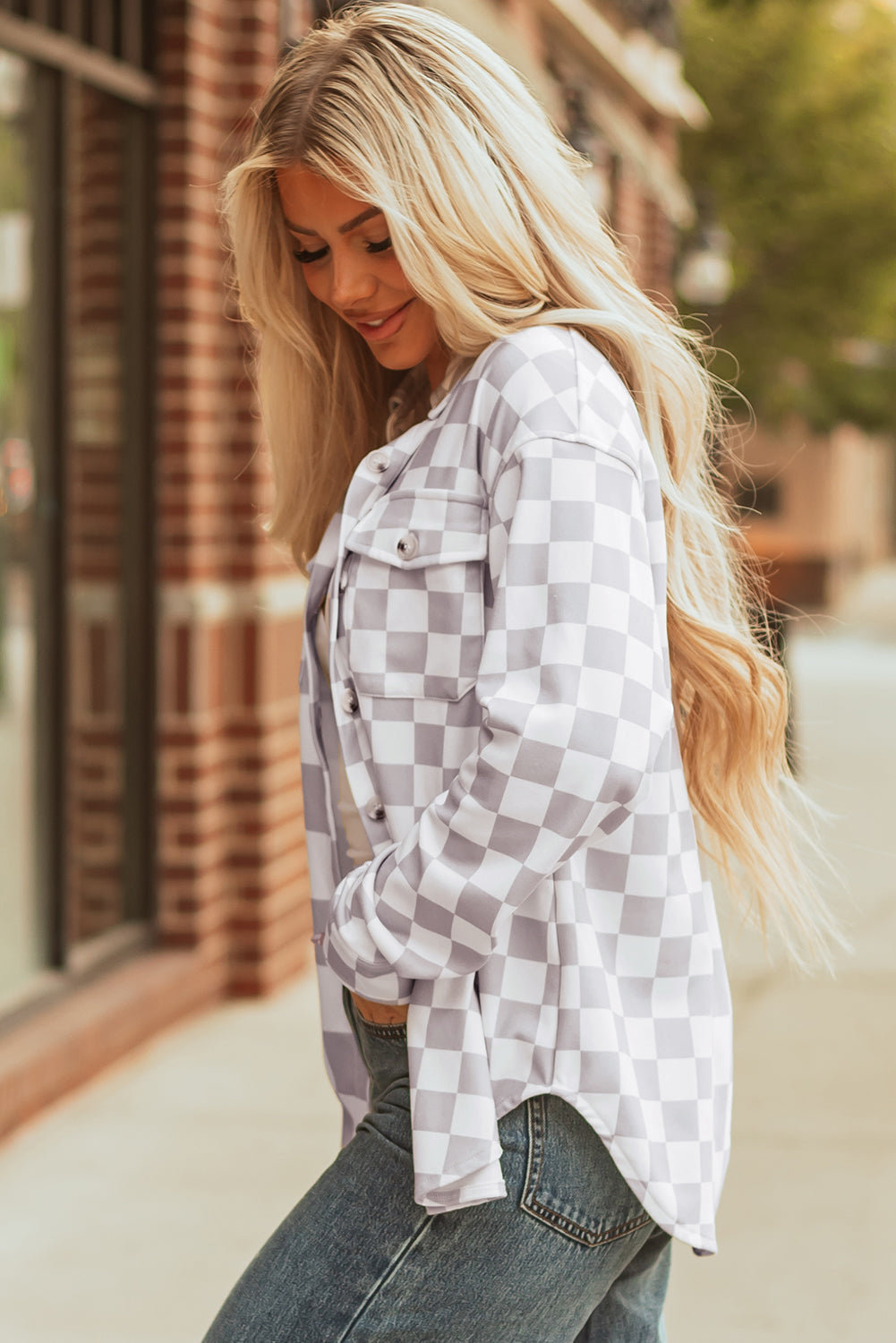 Checkerboard Flap Pocket Button Front Shacket