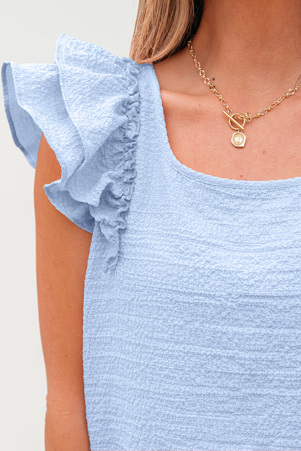 Blue Textured Bow Knot Frilled Butterfly Sleeve Blouse