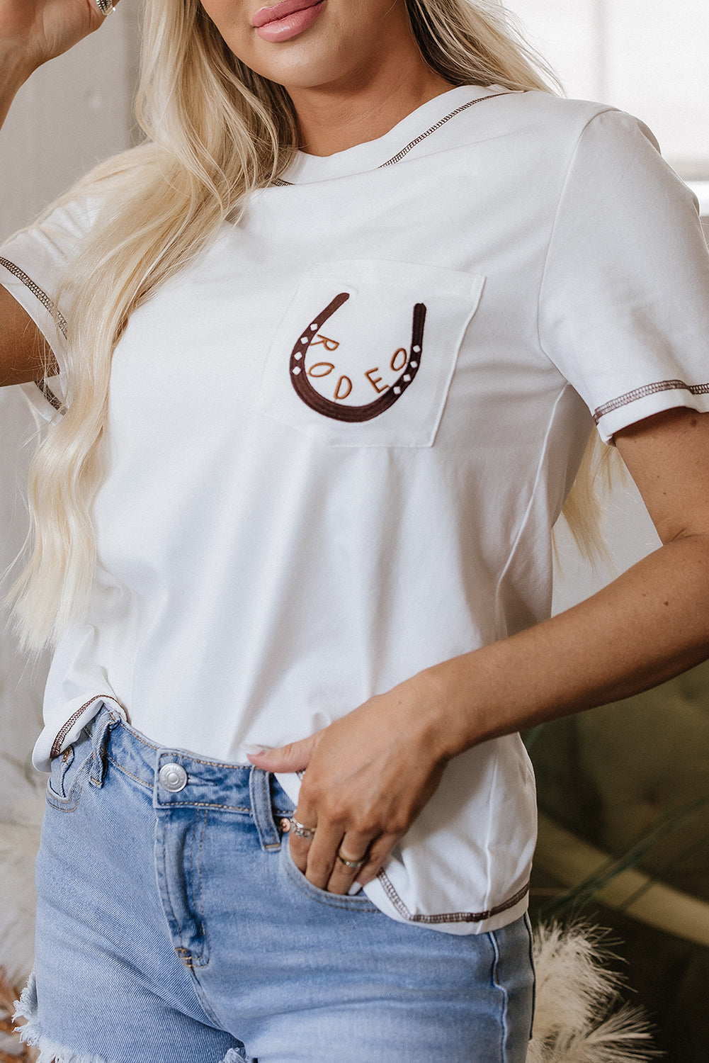 Rodeo Horseshoe Embroidered Patch T Shirt