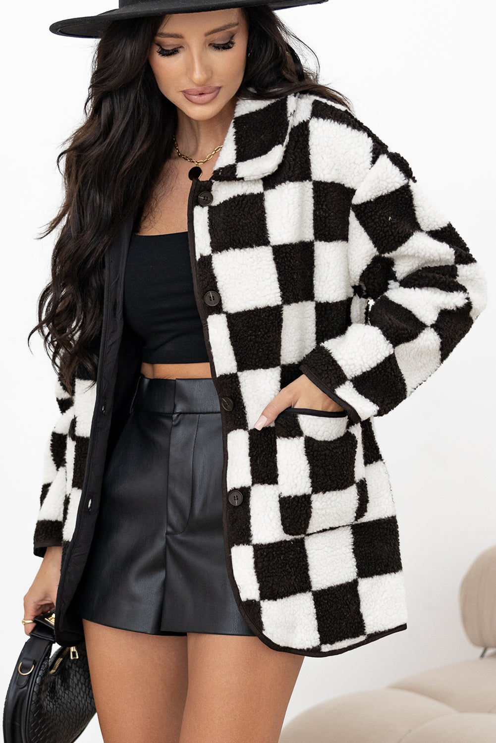 Black Checkered Buttoned Fleece Jacket