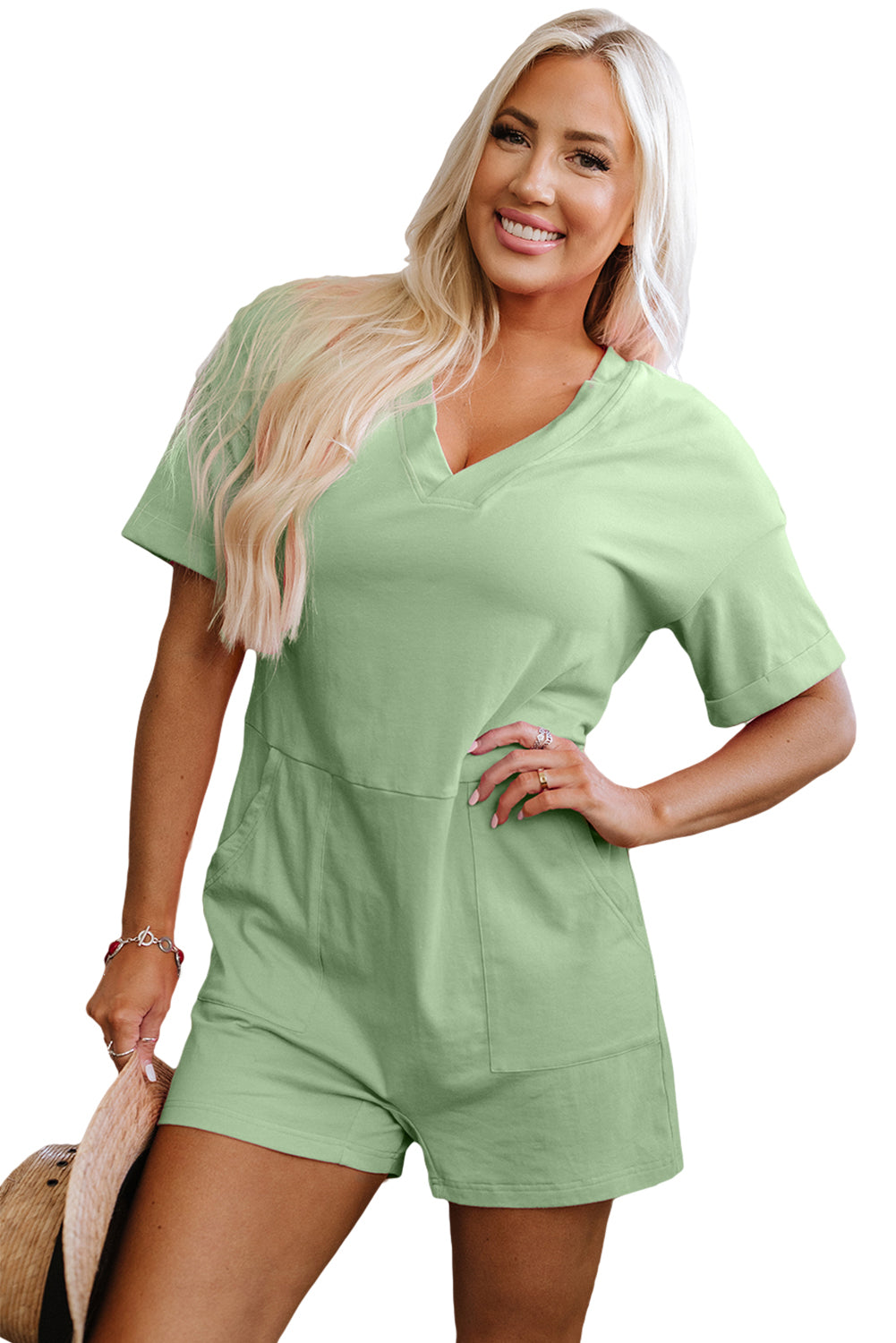 Grass Green Loose Half Sleeve V Neck Knit Romper