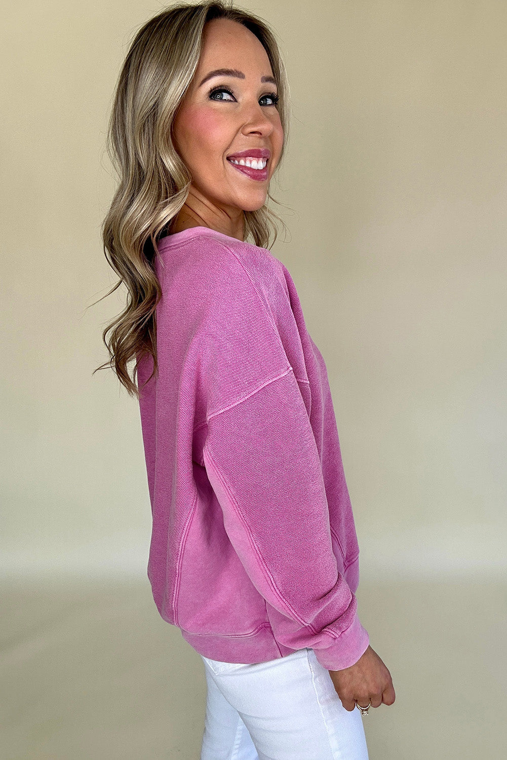 Pink Solid Color Notched Neck Sweatshirt