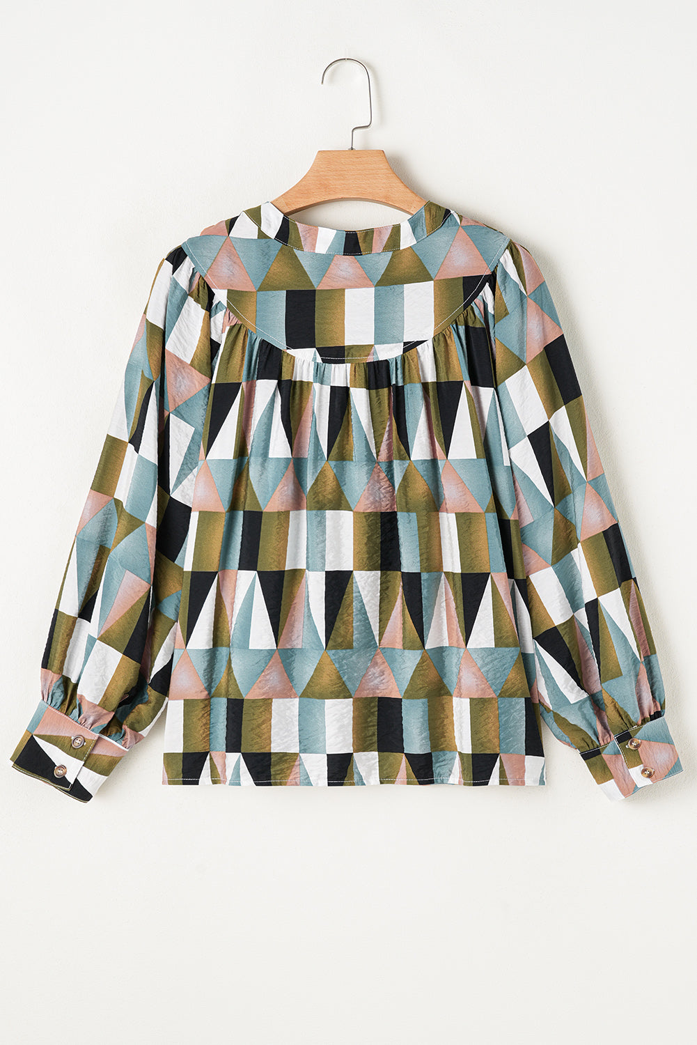 Green Geometric Print Buttoned Balloon Sleeve Blouse