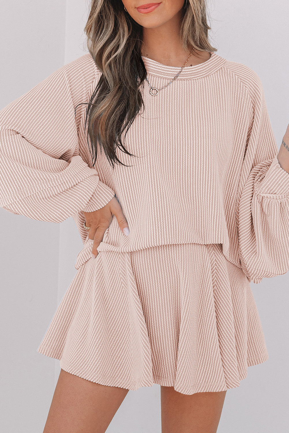 Corded Lantern Sleeve Top High Waist Ruffled Mini Skirt Set