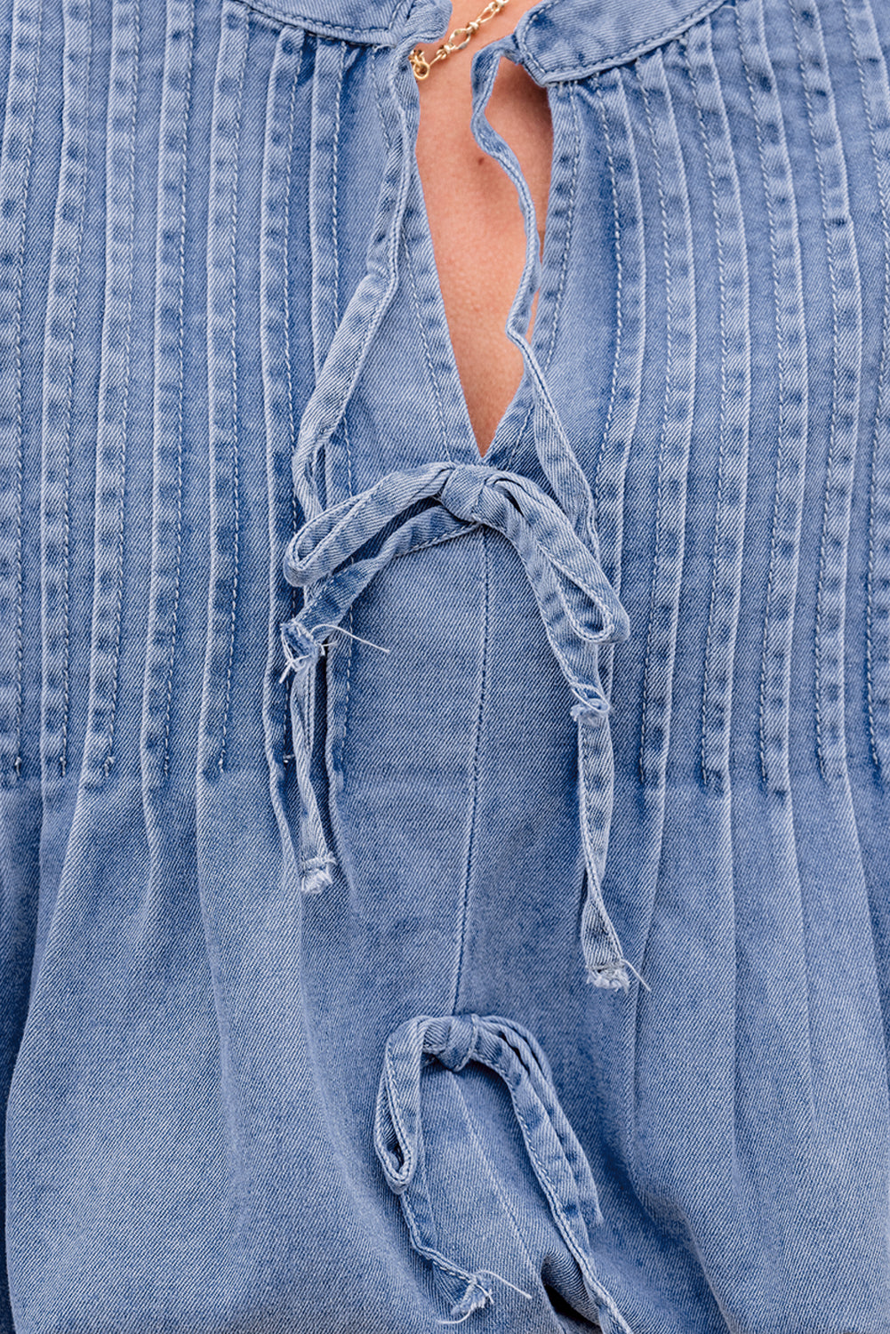 Denim Front Pintuck Bow Tie Puff Top