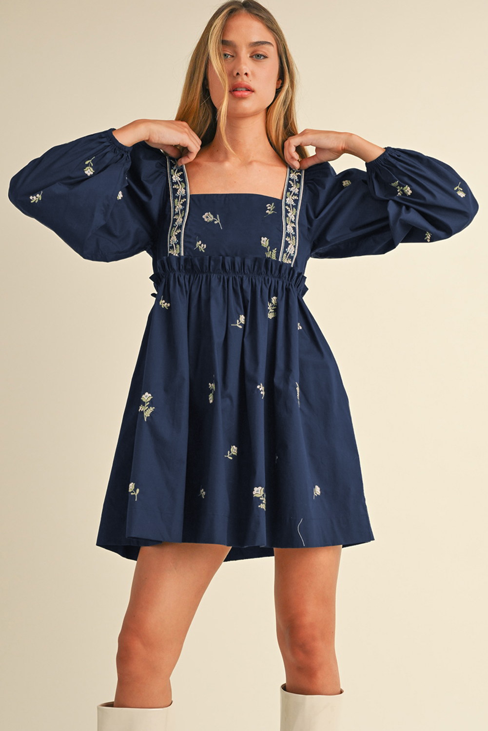 Blue Floral Embroidered Puff Sleeve Ruffled Mini Dress