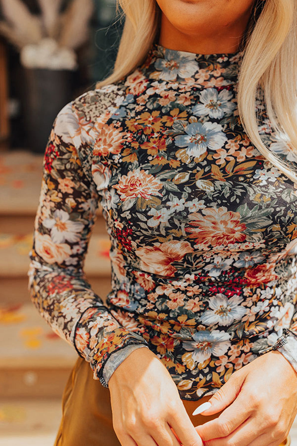 Brown Floral Long Sleeve Mesh Blouse