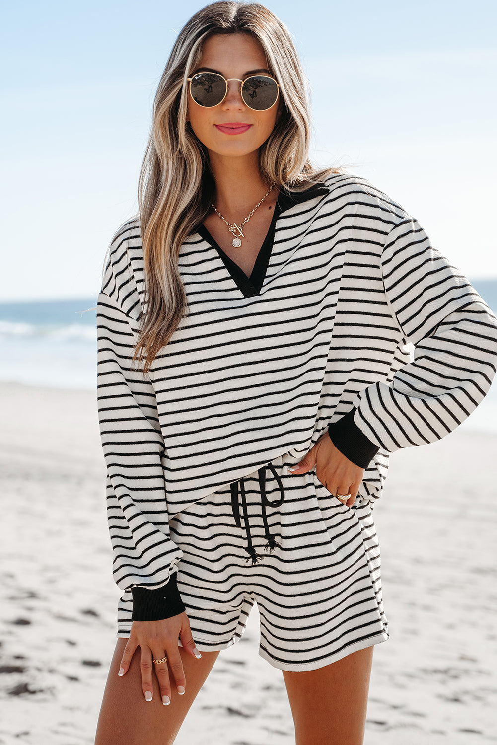 Black Stripe Collared Top and Drawstring Shorts Set