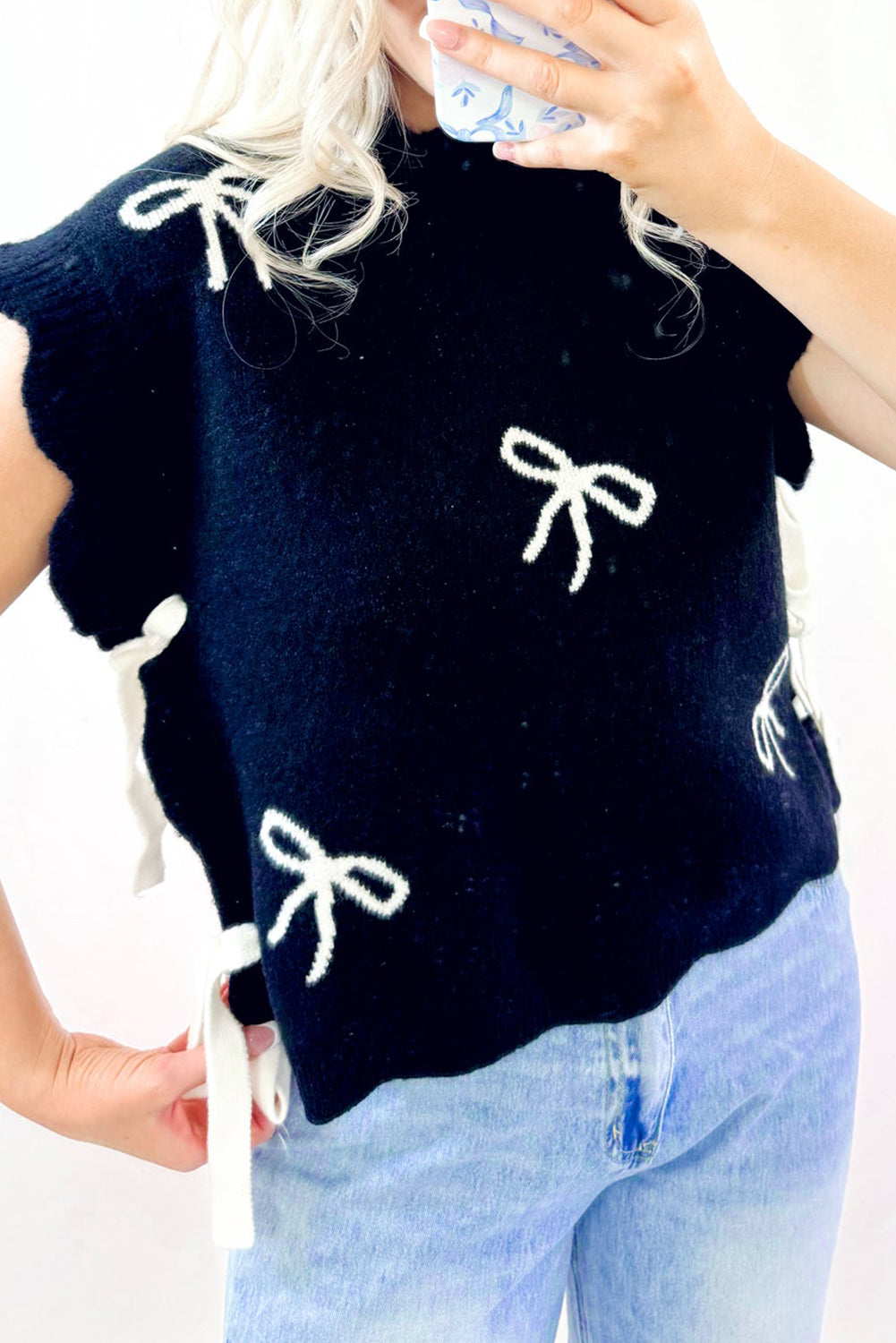 Black Bow Print Scalloped Hem Sweater T Shirt