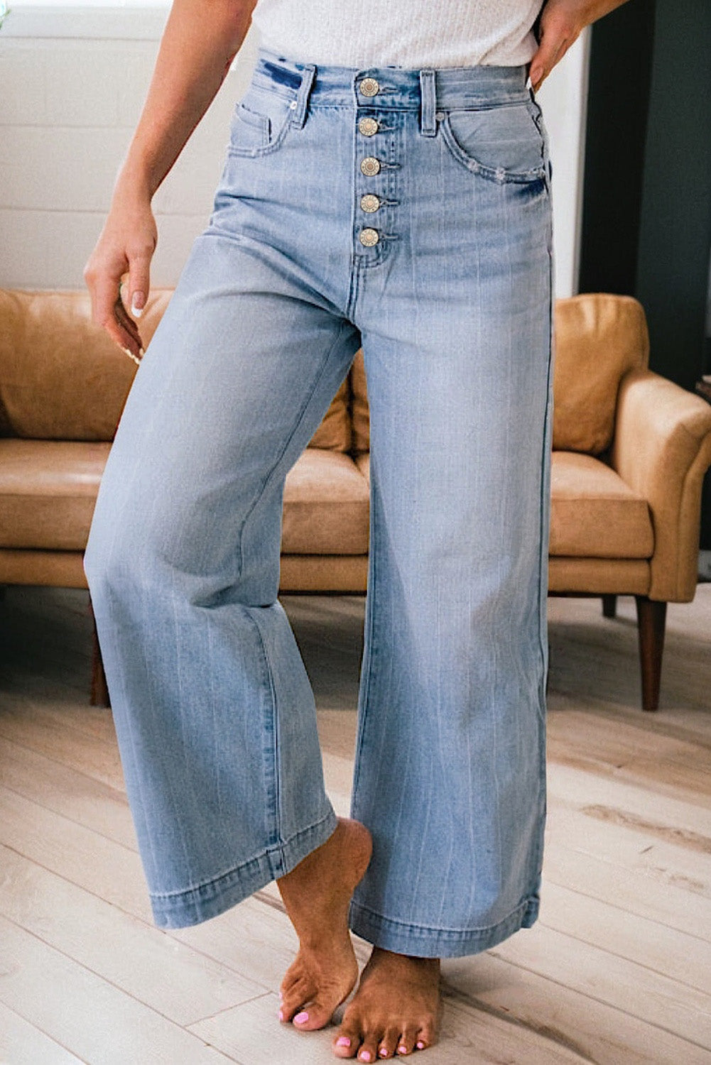 Button Up Pinstripe Wide Leg Jeans