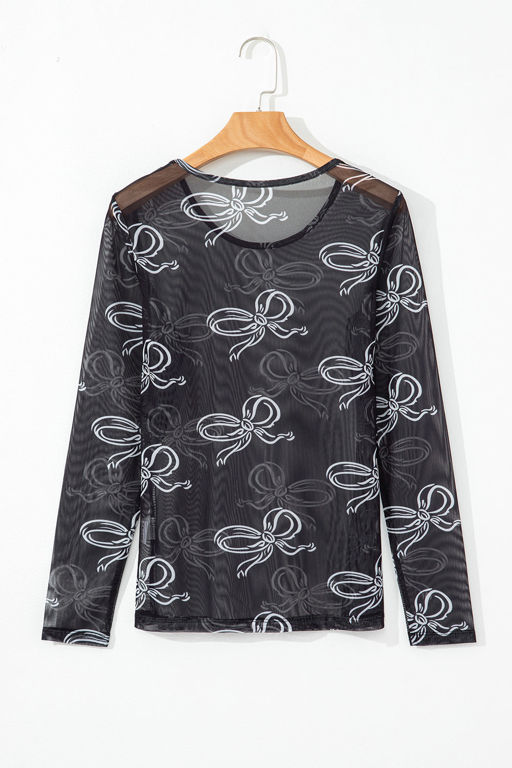Black Bow Print Long Sleeve Mesh Top
