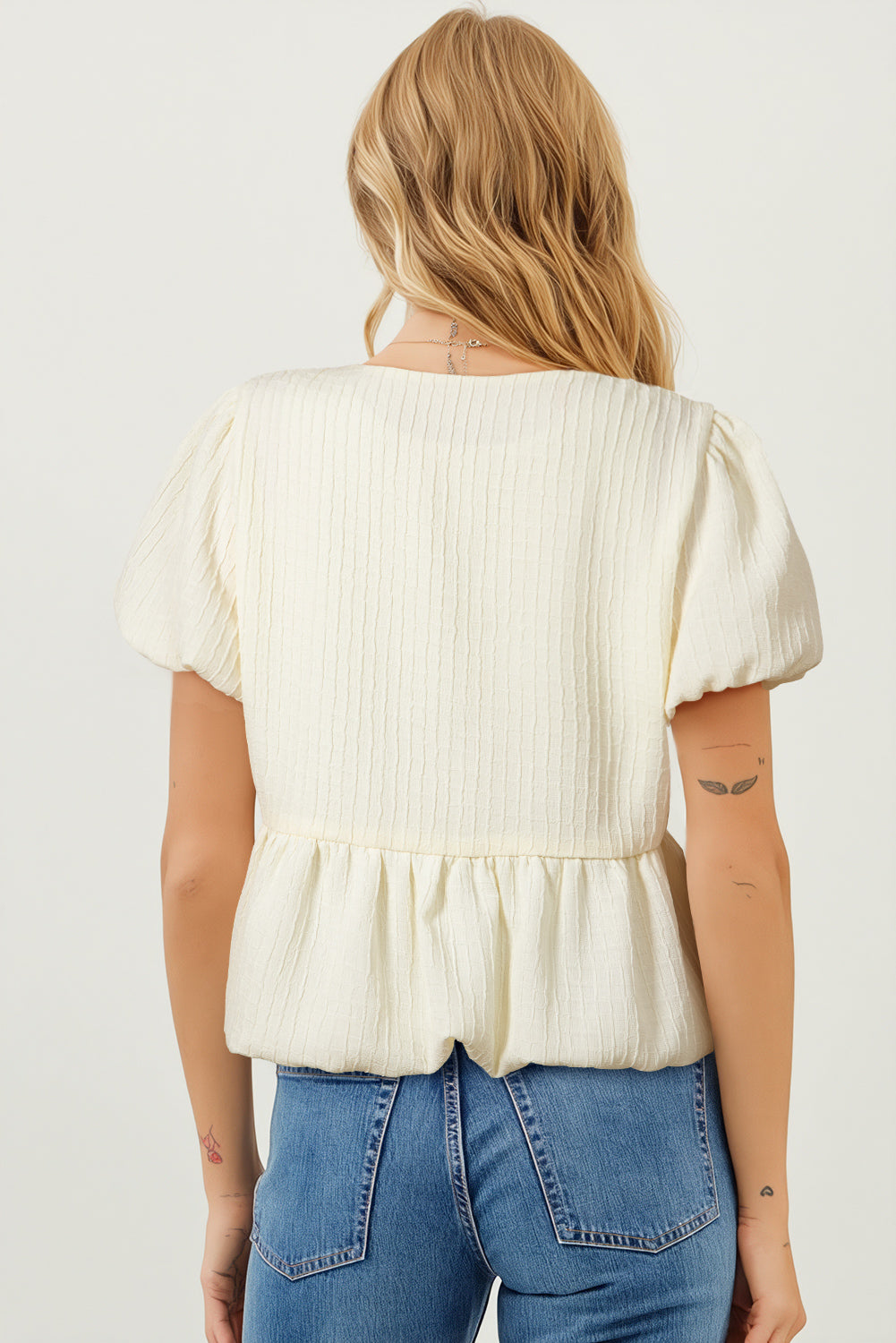 White Textured Bow Bubble Hem Puff Short Sleeve Blouse