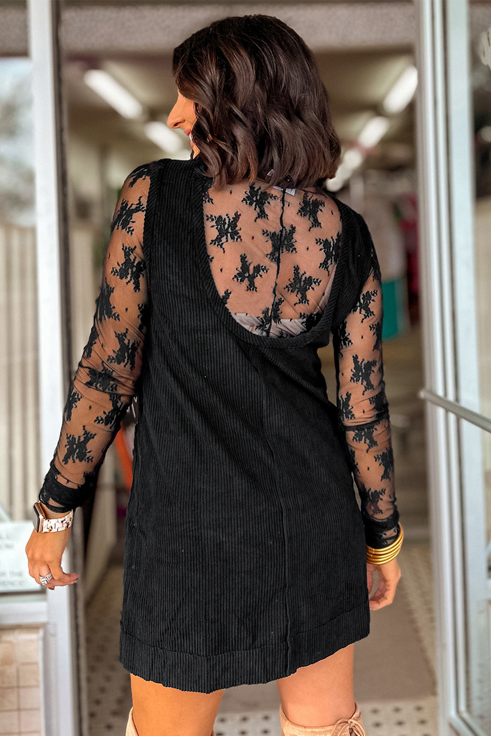 Black Corduroy Mini Dress With Pockets