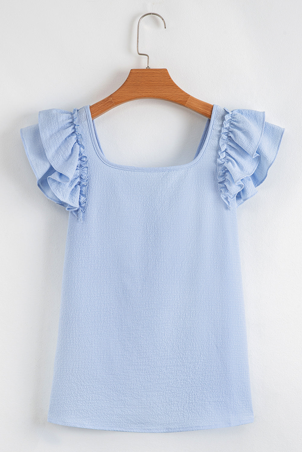 Blue Textured Bow Knot Frilled Butterfly Sleeve Blouse