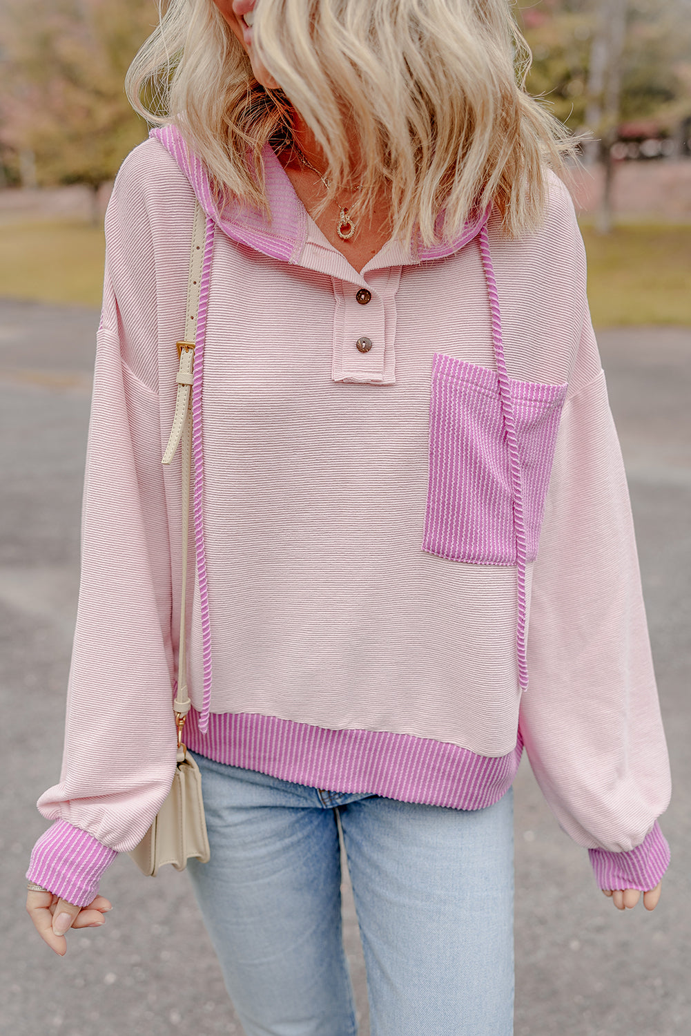 Light Pink Corded Colorblock Hooded Top