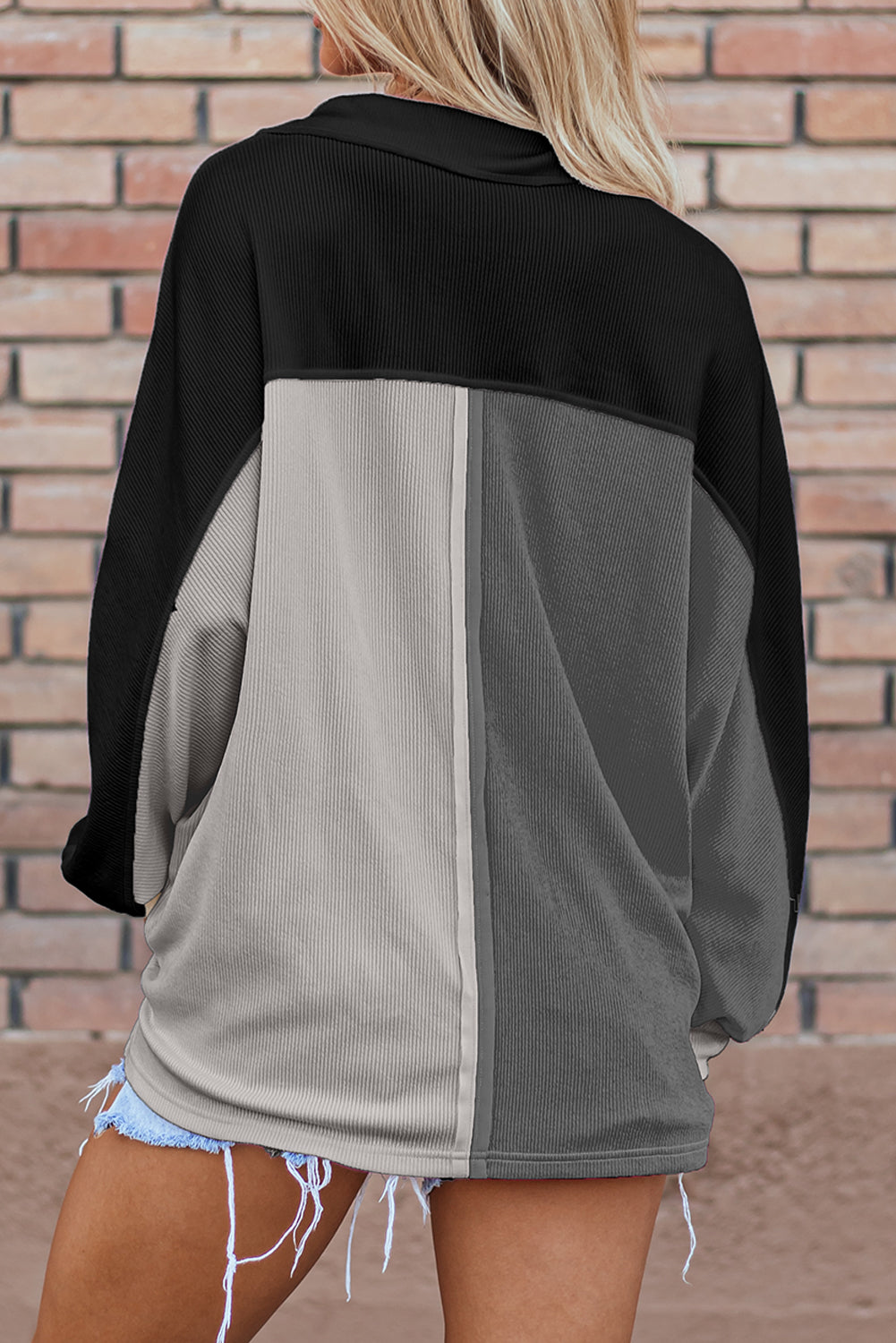 Gray Colorblock Ribbed Oversized Sweatshirt