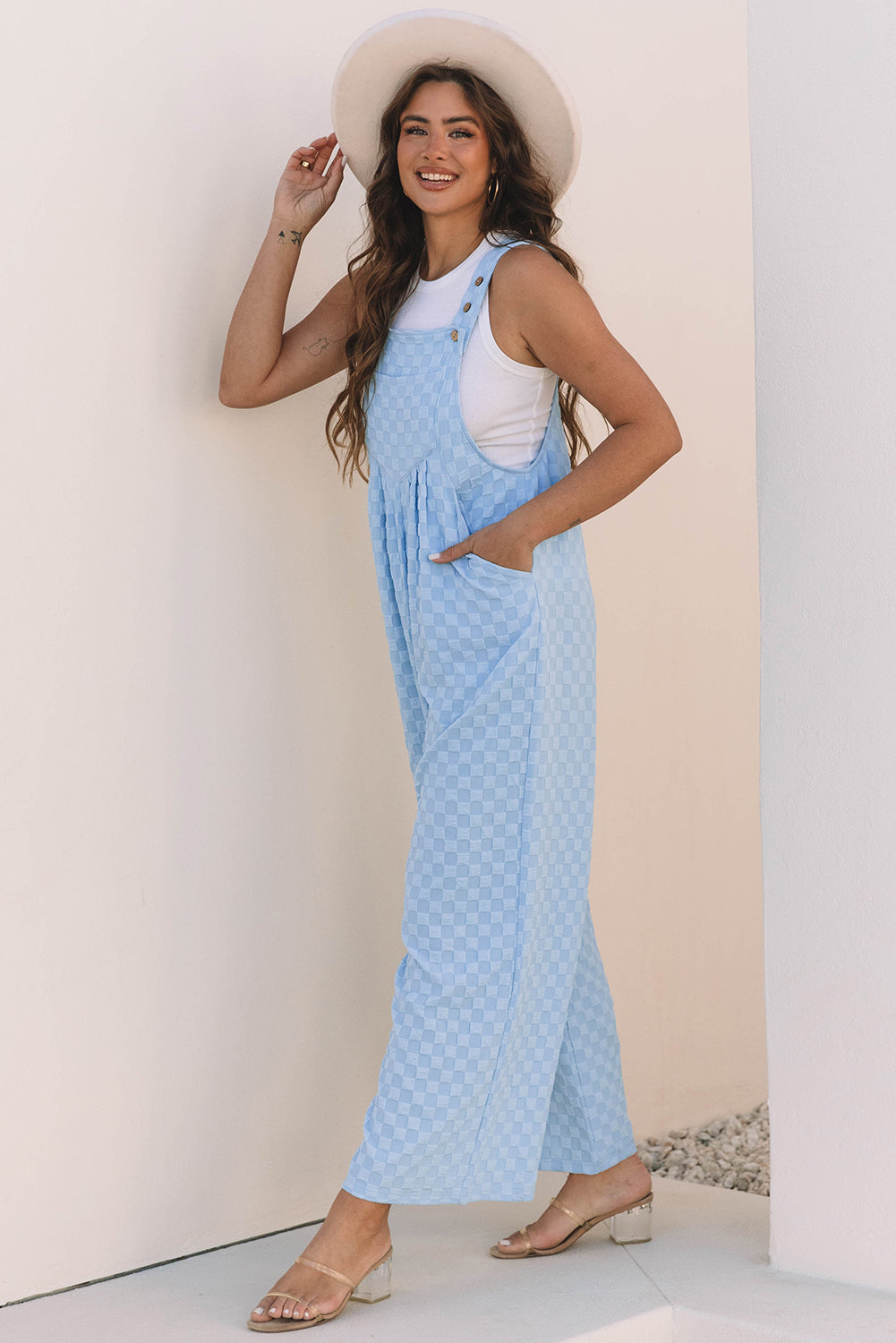 Blue Checkered Pocketed High Waist Wide Leg Overall