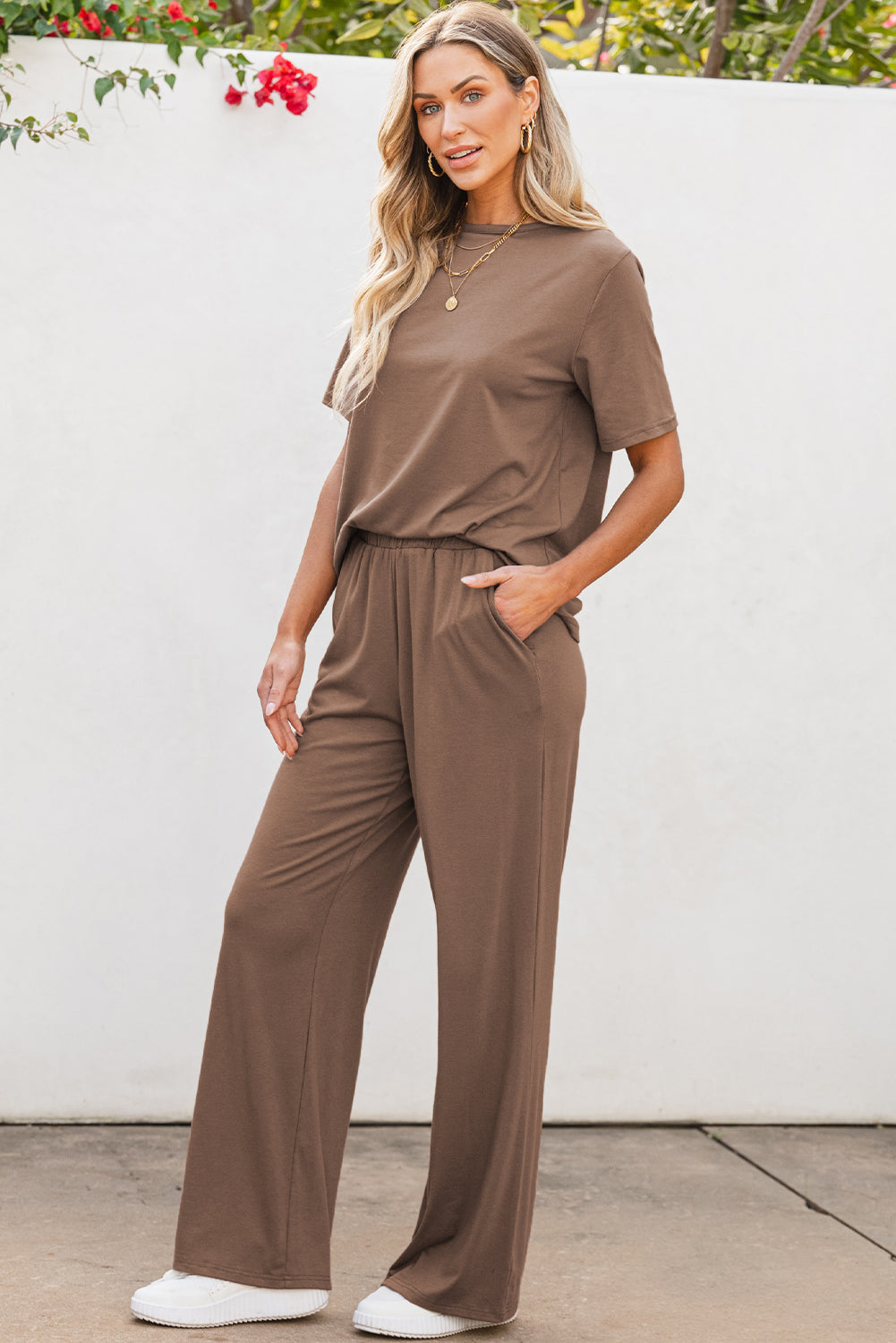 Smoke Gray Solid Color T Shirt Wide Leg Pants Set