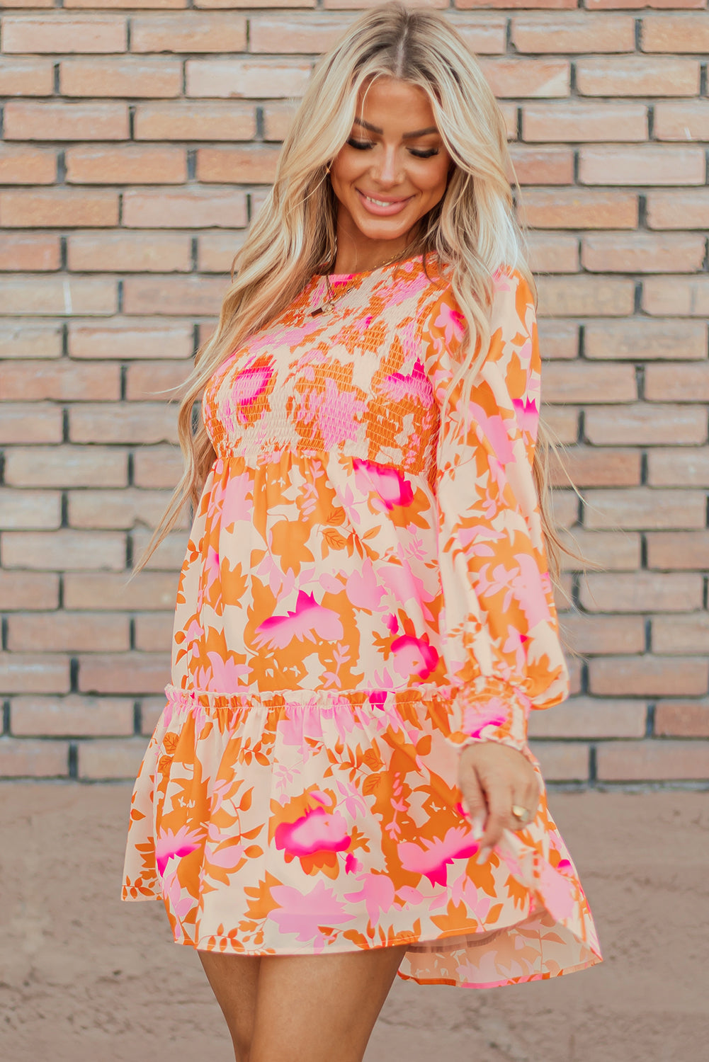 Orange Abstract Print Smocked Mini Dress