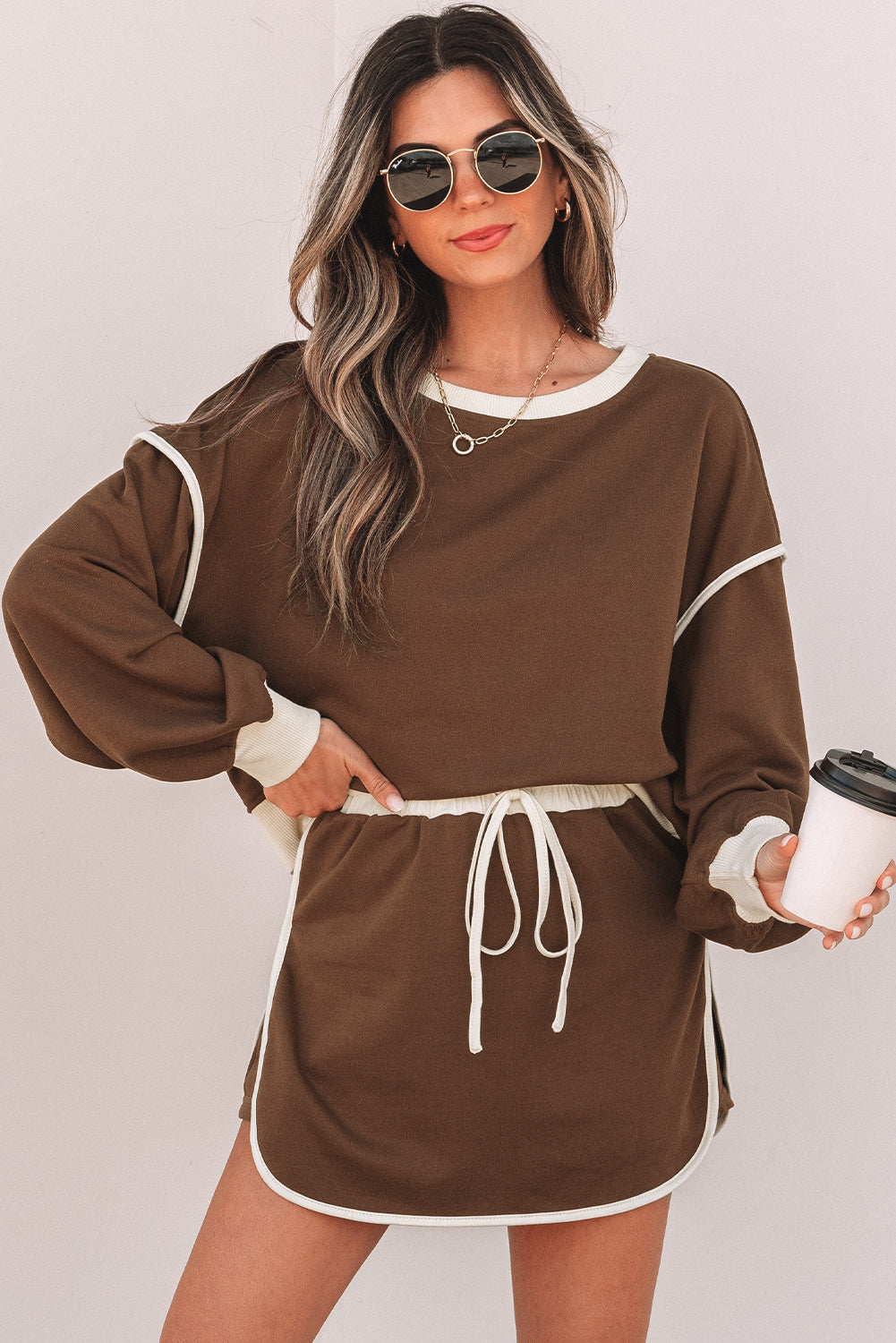 Coffee Loose Pullover and Lace-up Waist Skort Set
