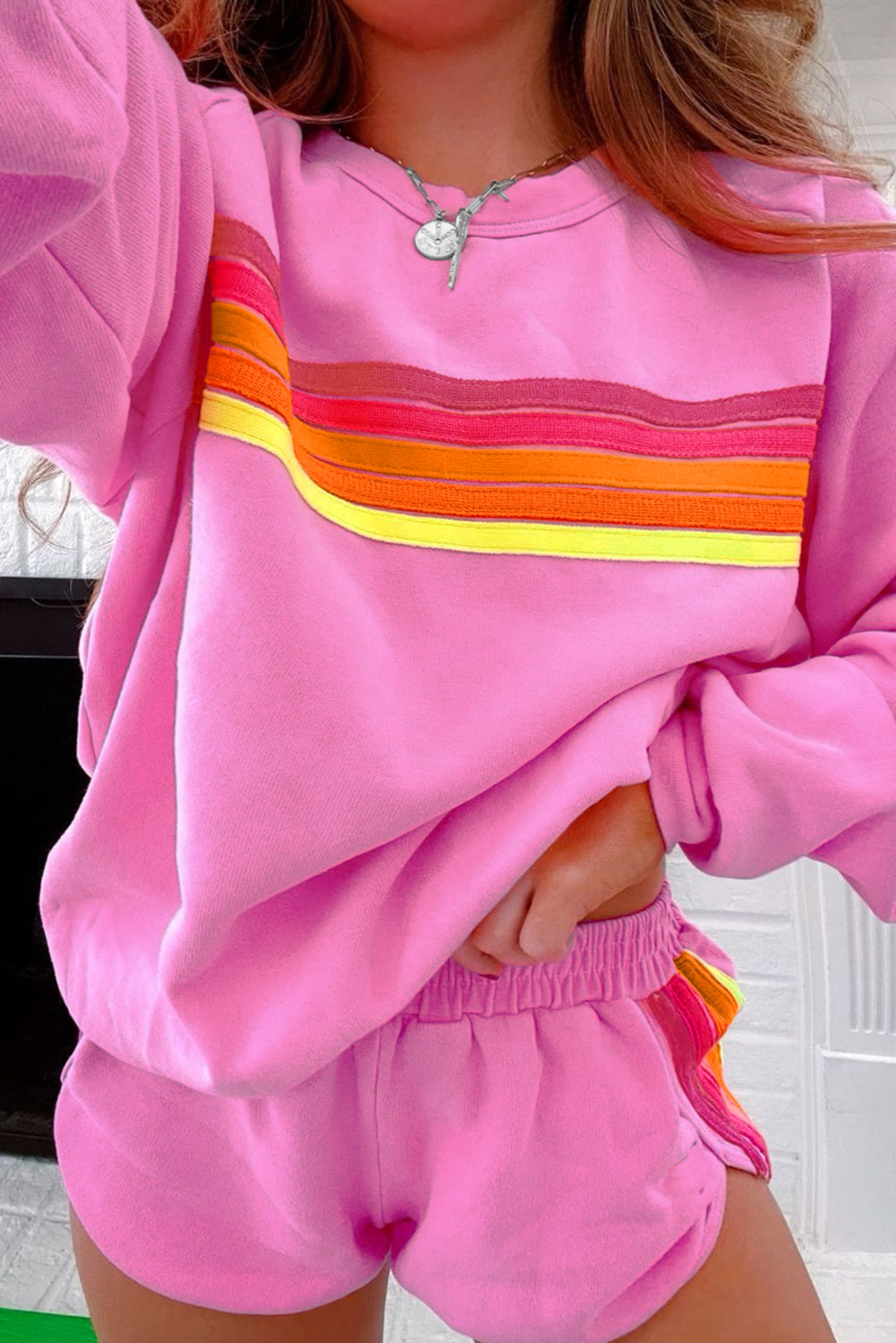 Striped Accent Pullover and Shorts Two Piece Set