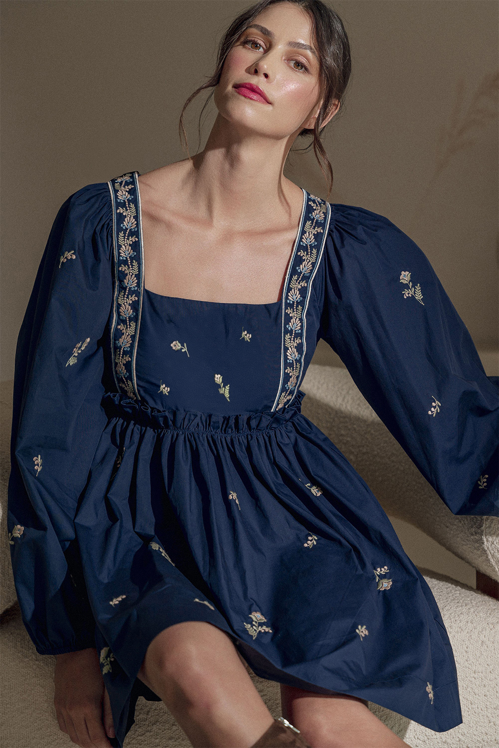 Blue Floral Embroidered Puff Sleeve Ruffled Mini Dress
