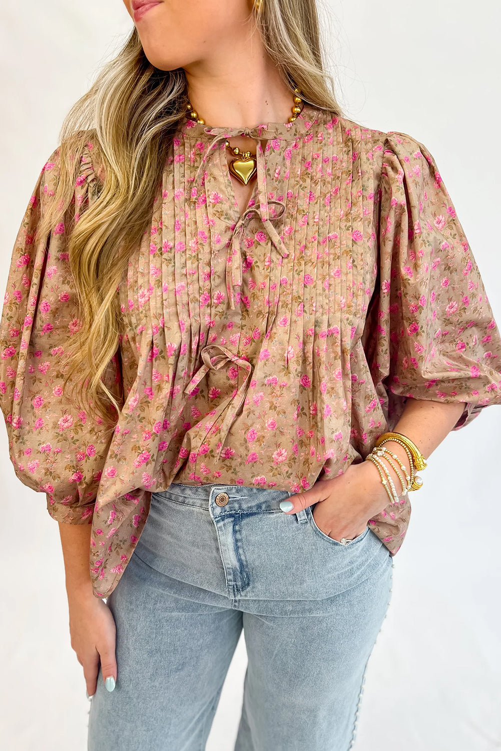 Floral Print Bow Pintuck Bust Half Puff Sleeve Blouse