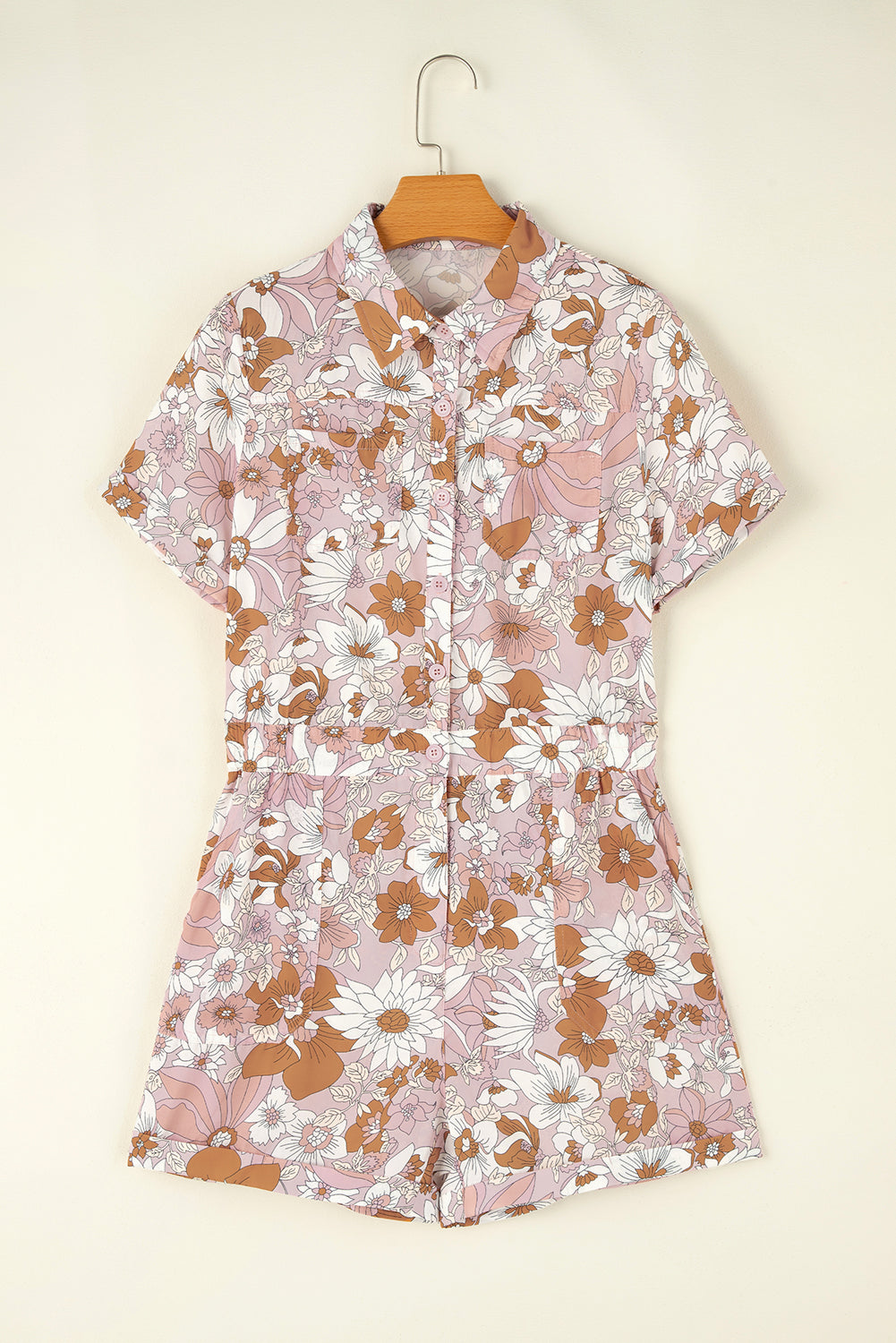 Pink Floral Short Sleeve Collared Romper